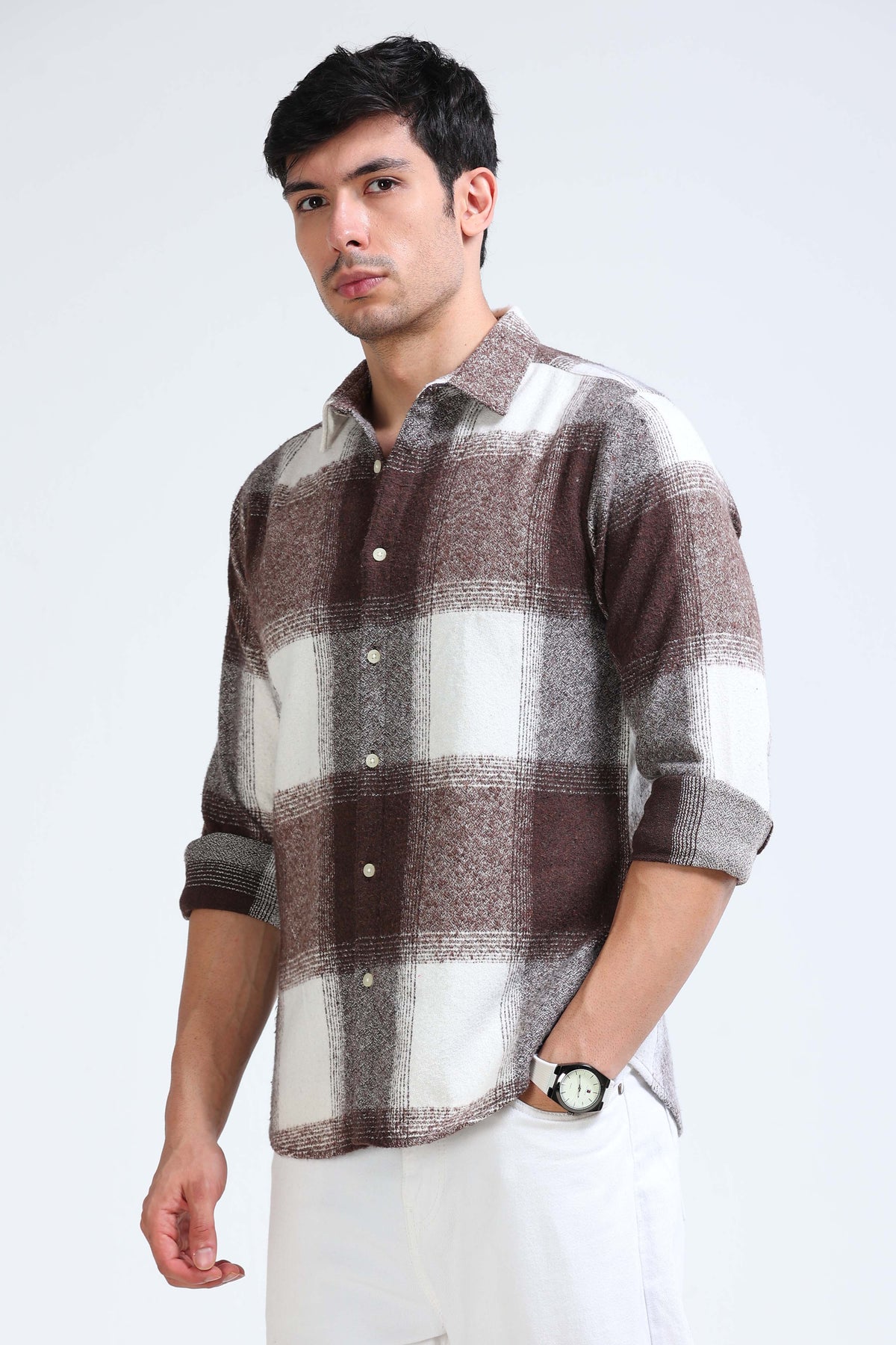 Brushing Checks Flannel Shirt Brown
