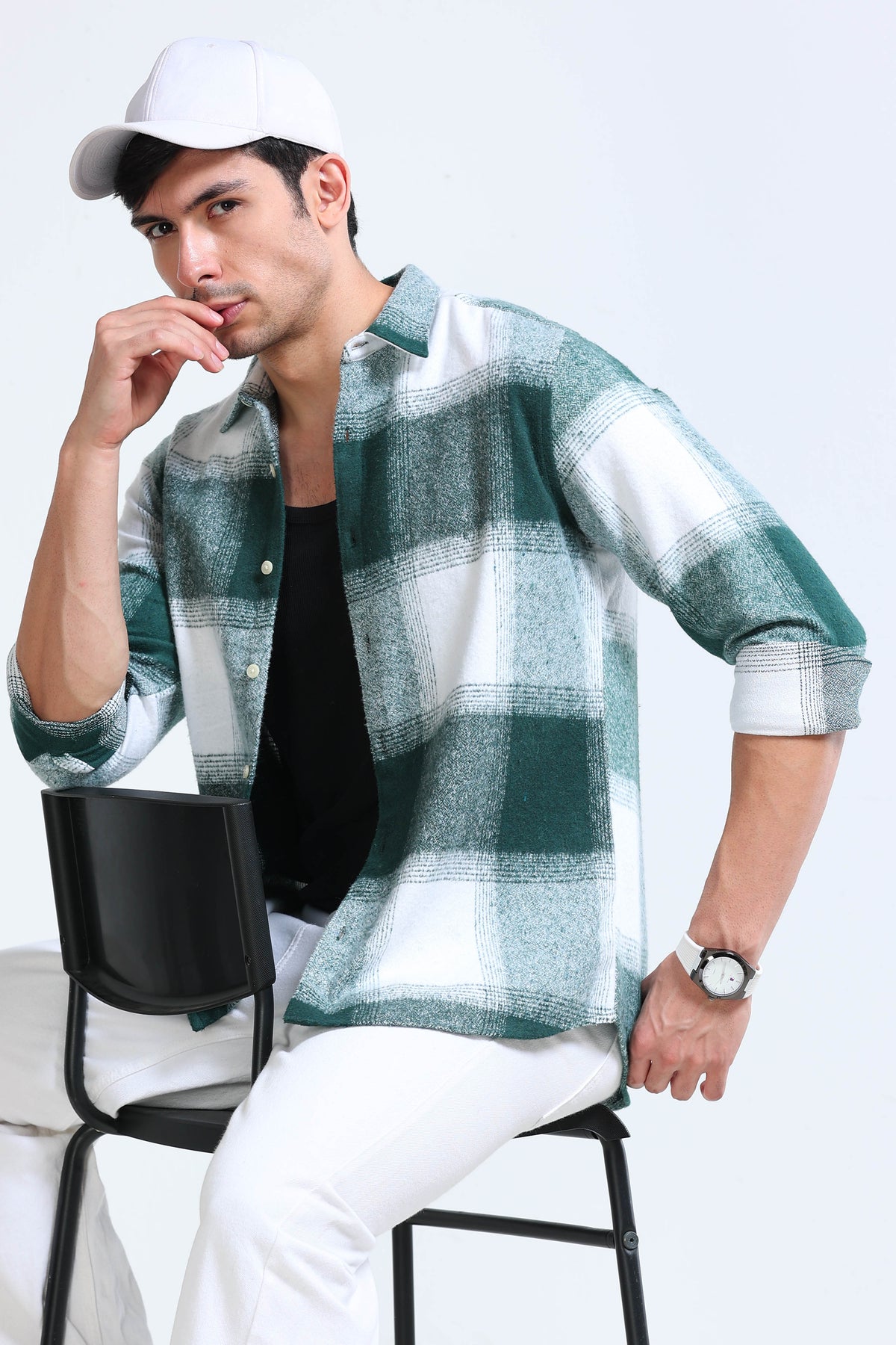Brushing Checks Flannel Shirt Green White