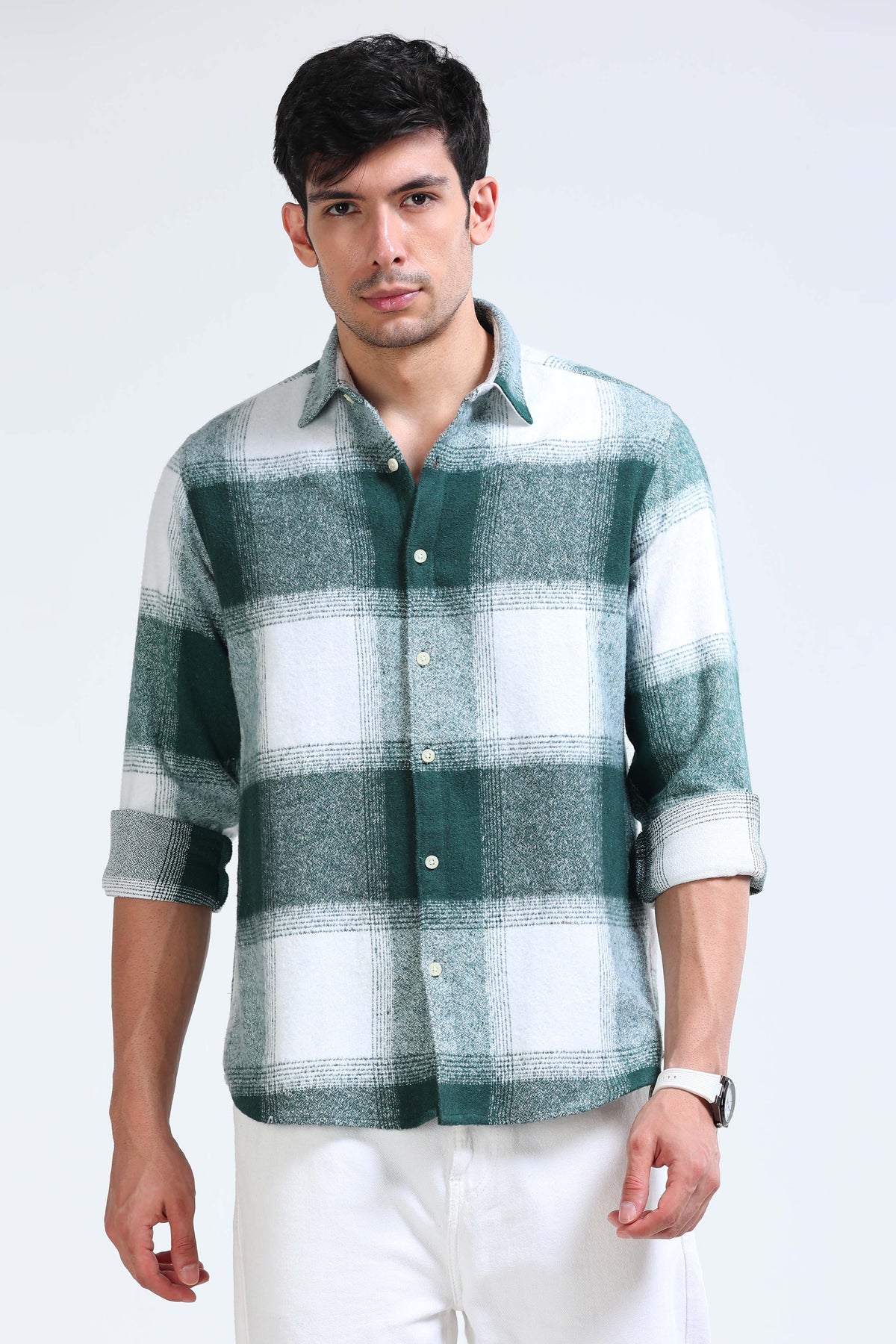Brushing Checks Flannel Shirt Green White