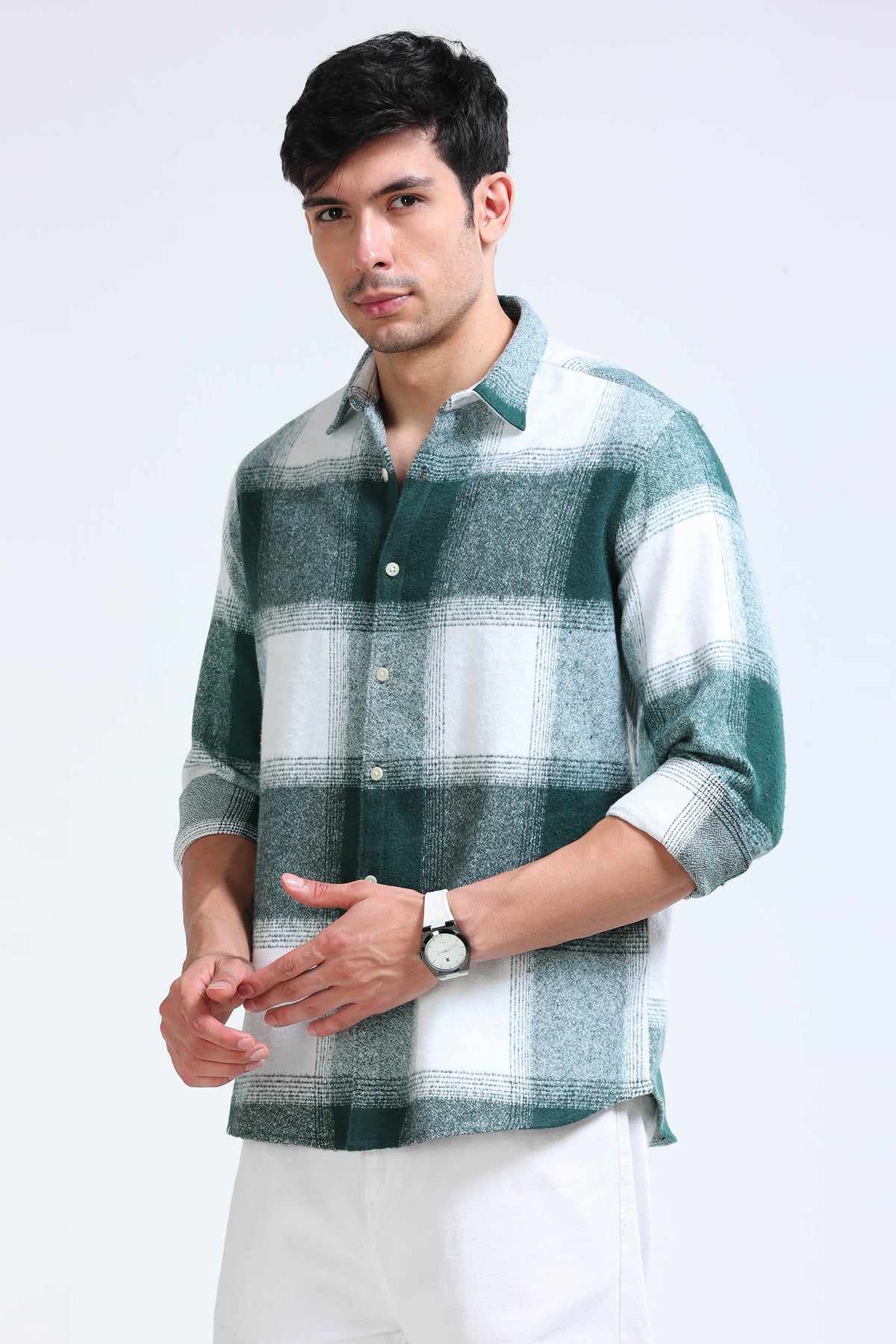 Brushing Checks Flannel Shirt Green White