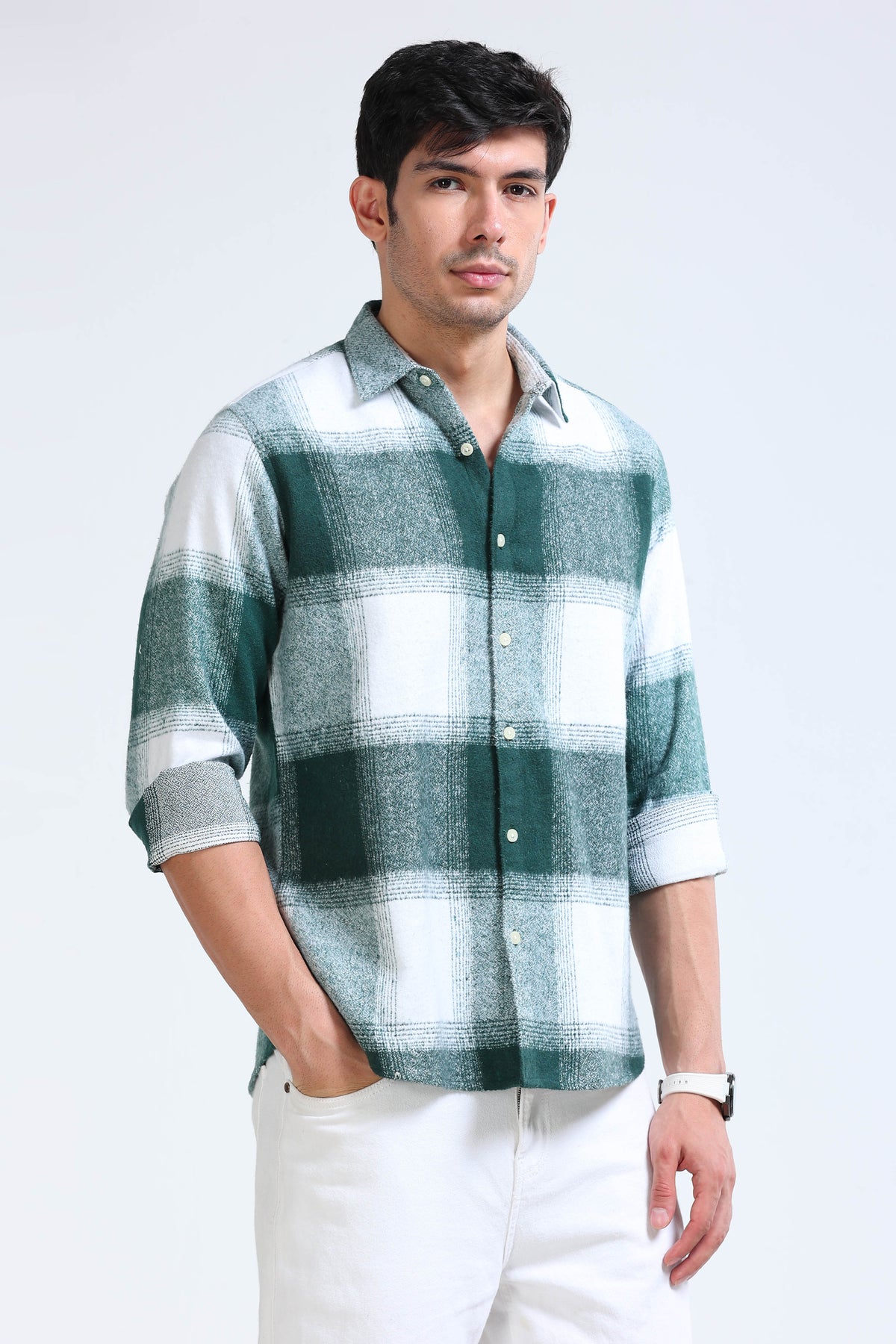 Brushing Checks Flannel Shirt Green White