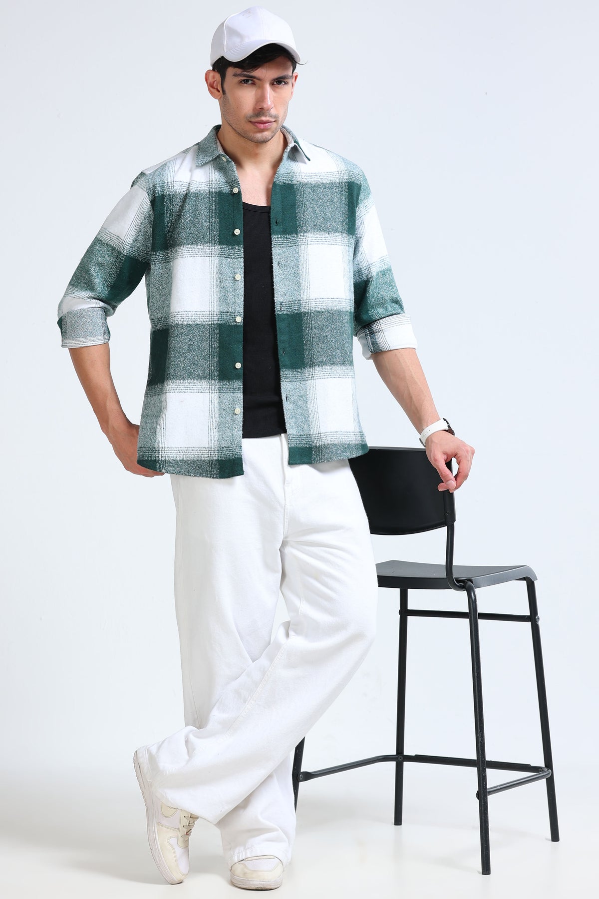Brushing Checks Flannel Shirt Green White