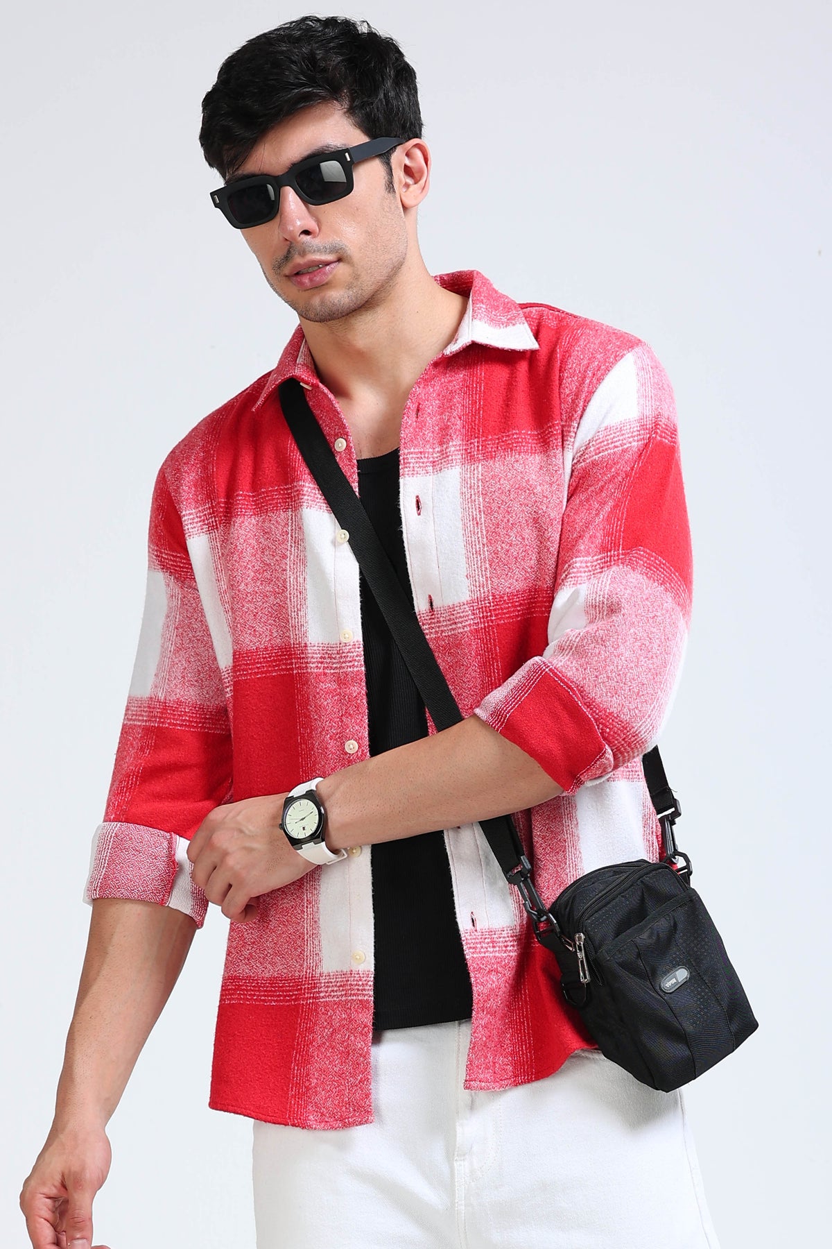 Brushing Checks Flannel Shirt Red White