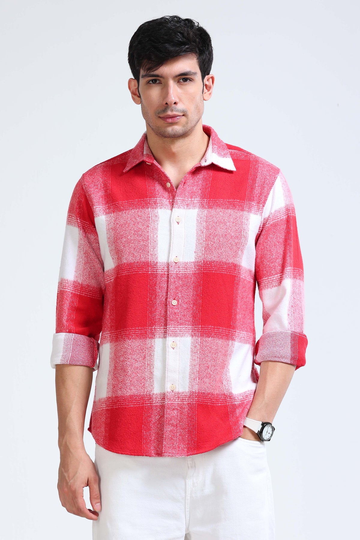 Brushing Checks Flannel Shirt Red White
