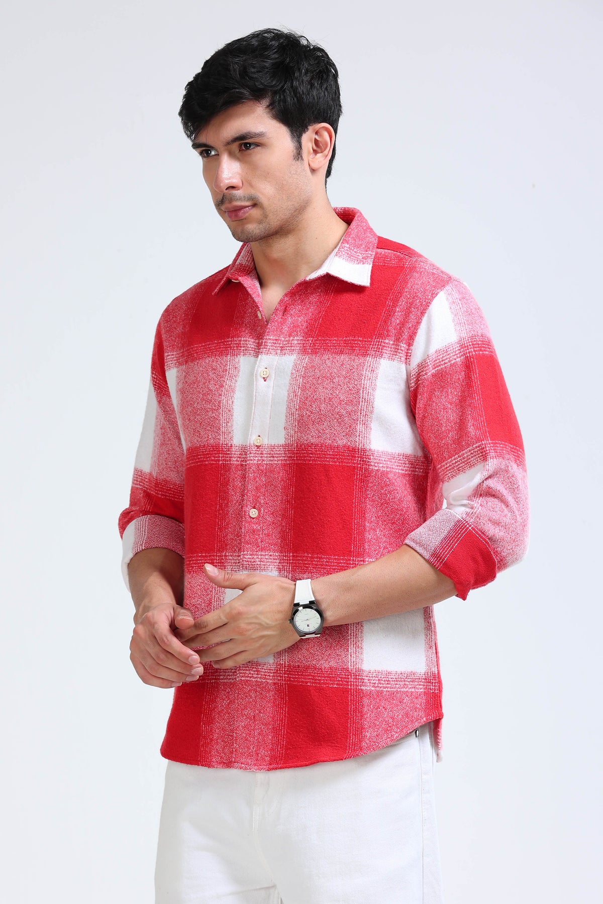 Brushing Checks Flannel Shirt Red White