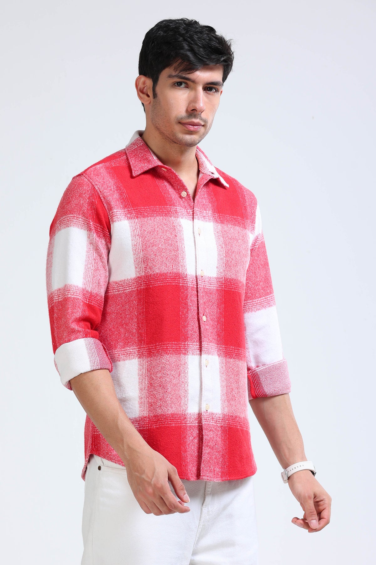 Brushing Checks Flannel Shirt Red White