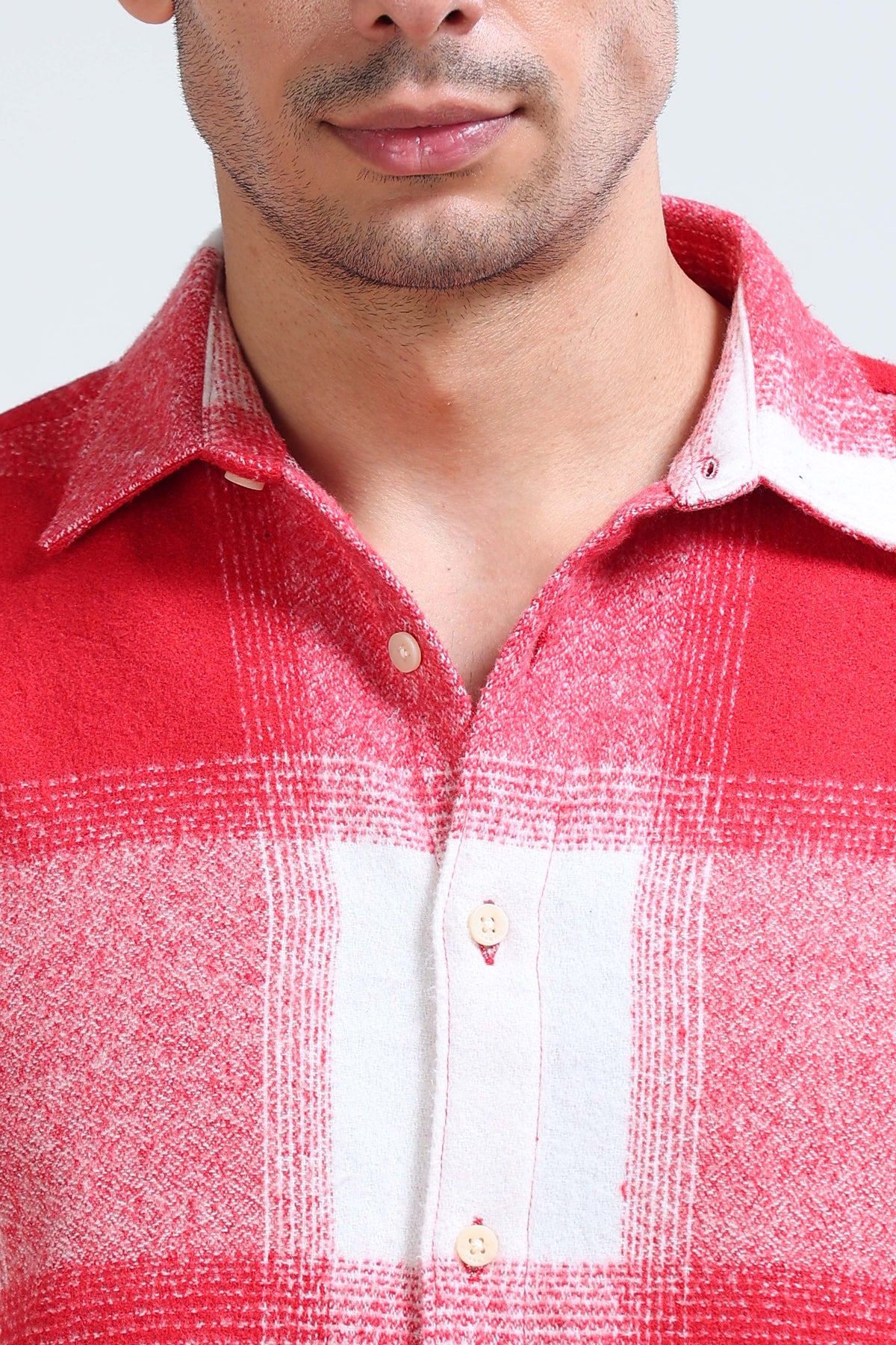 Brushing Checks Flannel Shirt Red White