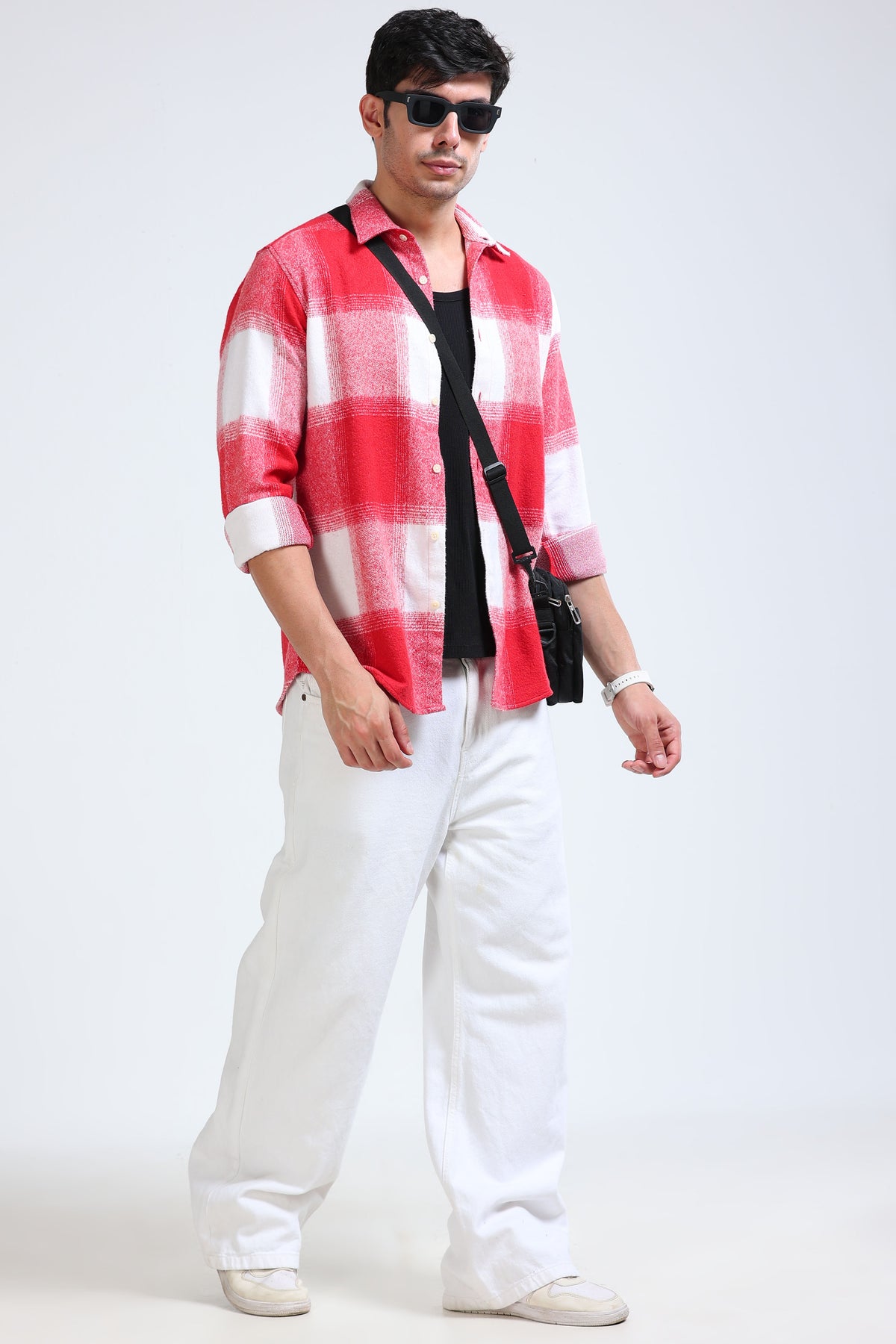 Brushing Checks Flannel Shirt Red White