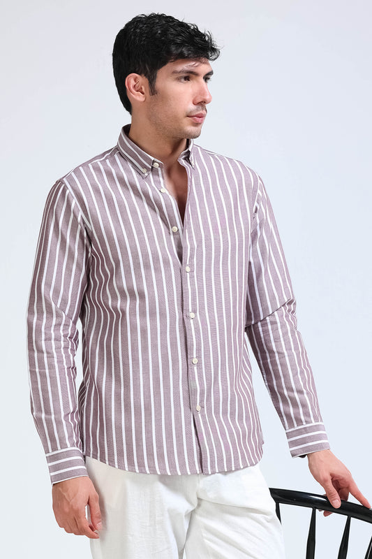 Maroon White Striped Shirt - Slim Fit