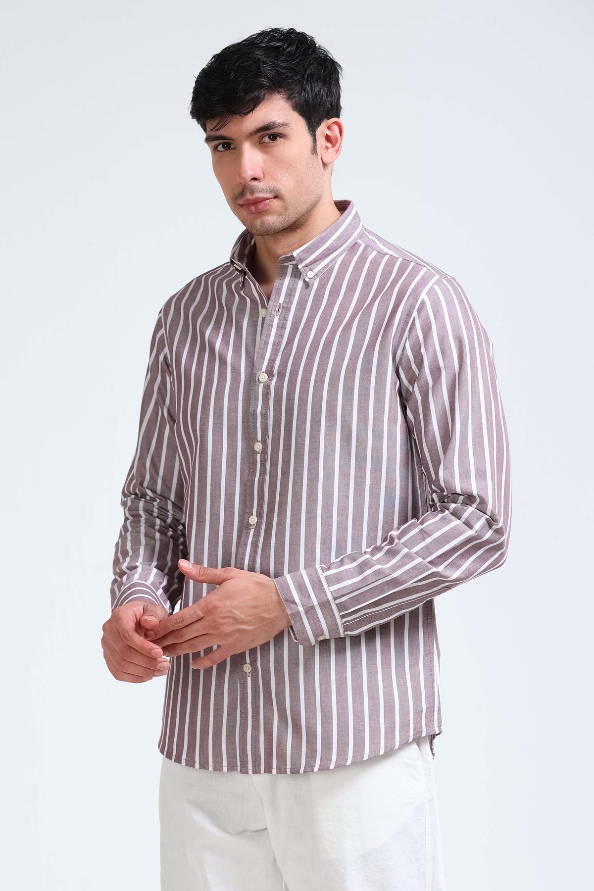 Maroon White Striped Shirt - Slim Fit