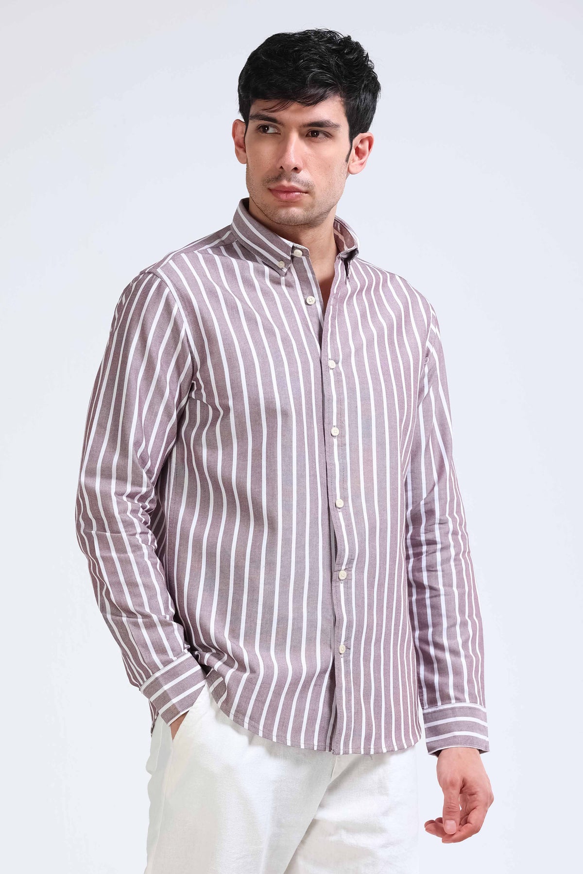 Maroon White Striped Shirt - Slim Fit