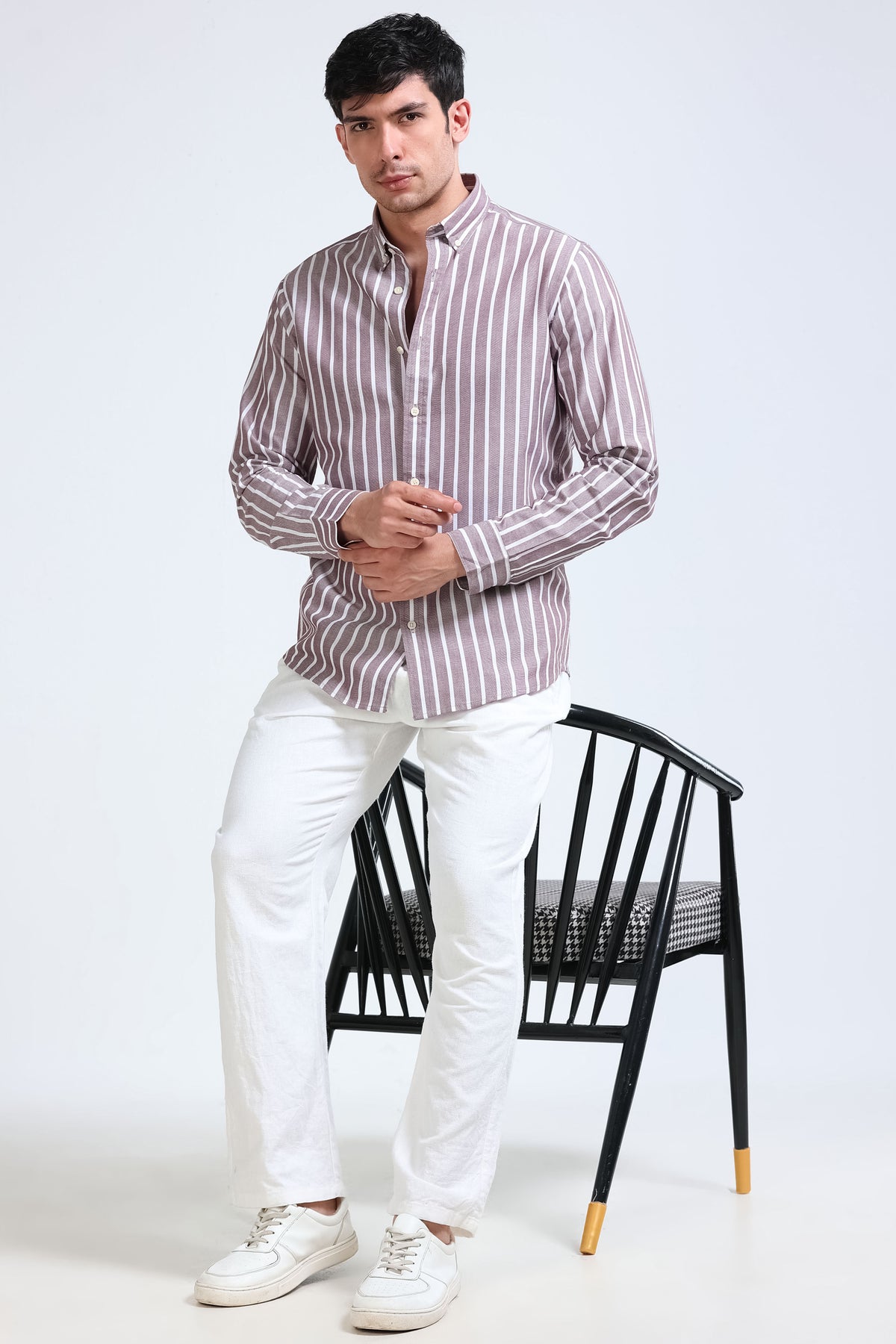 Maroon White Striped Shirt - Slim Fit