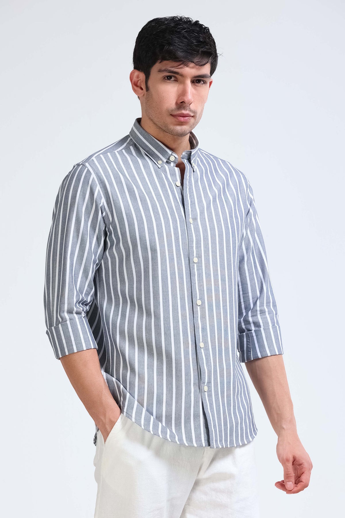 White Black Striped Shirt - Slim Fit