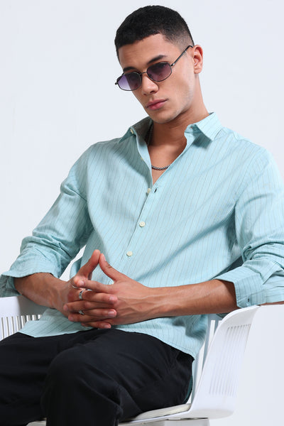 Dusty Blue Striped Linen Shirt - Slim Fit