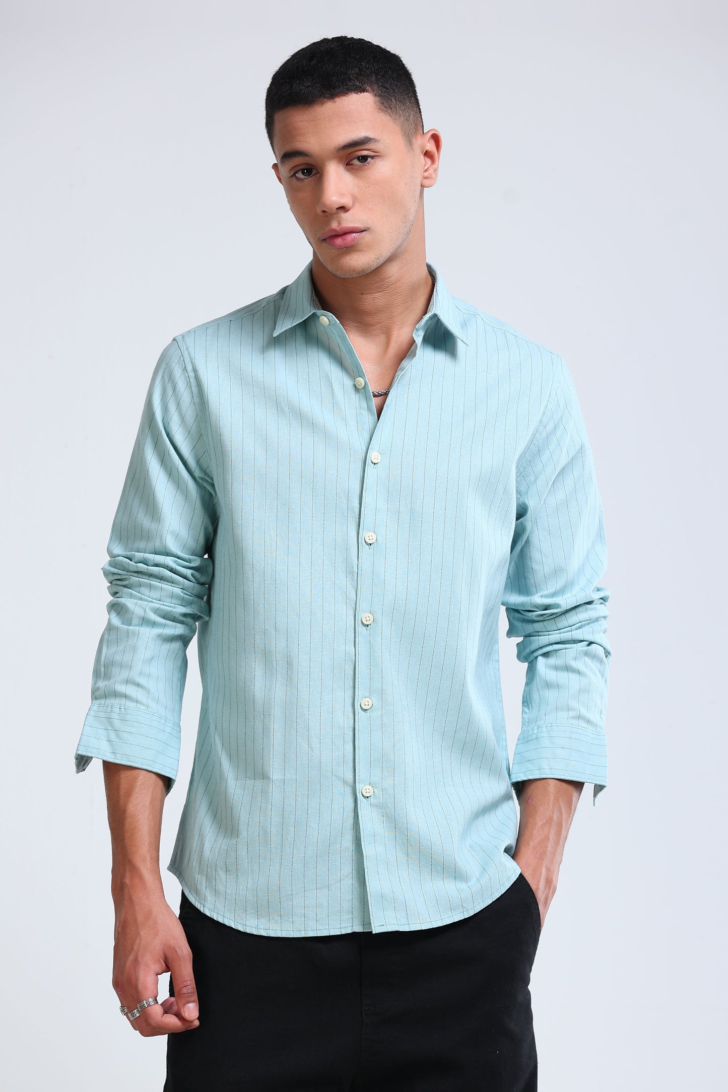 Men's Slim Fit Cotton Linen Striped Shirt Dusty Blue