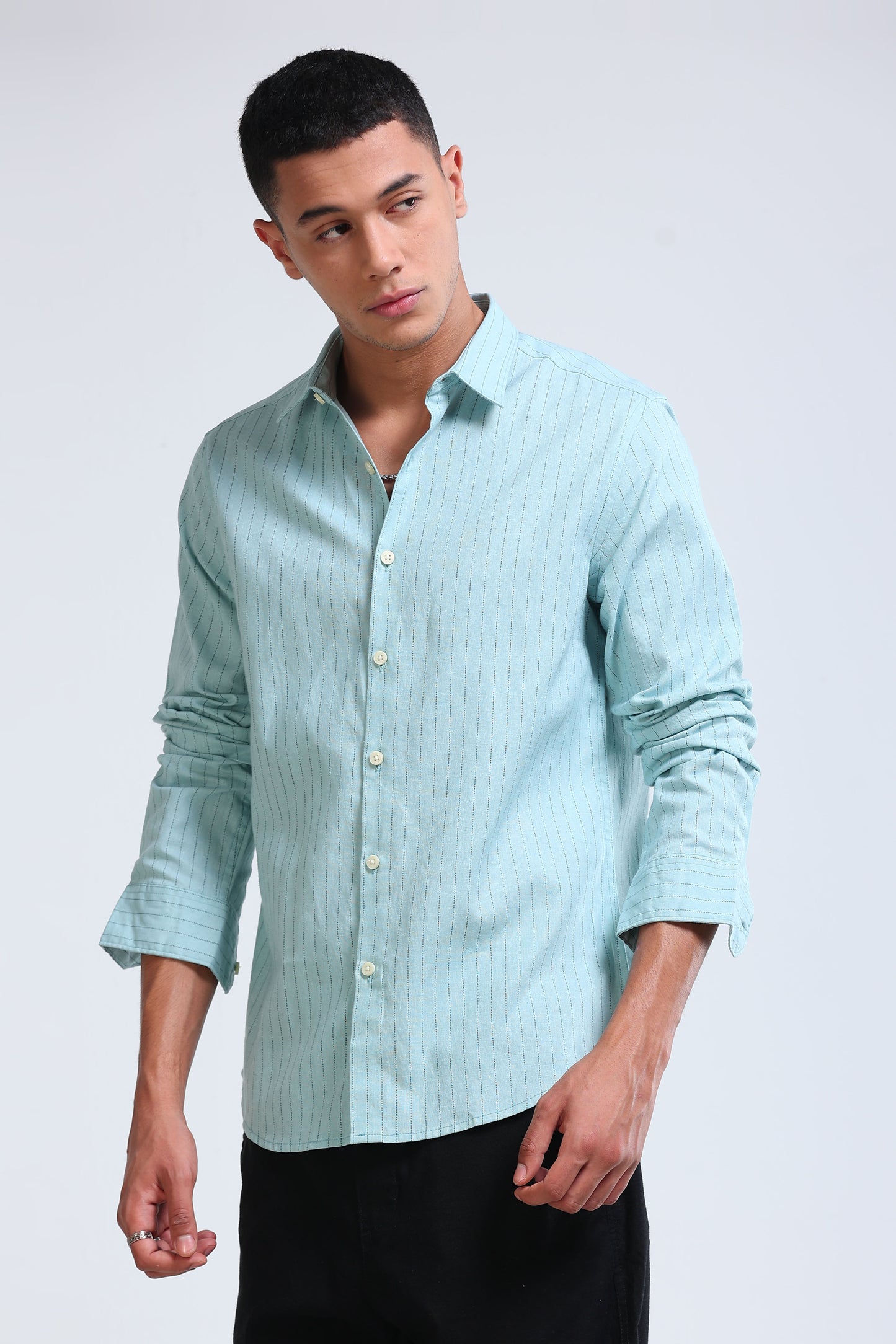 Men's Slim Fit Cotton Linen Striped Shirt Dusty Blue