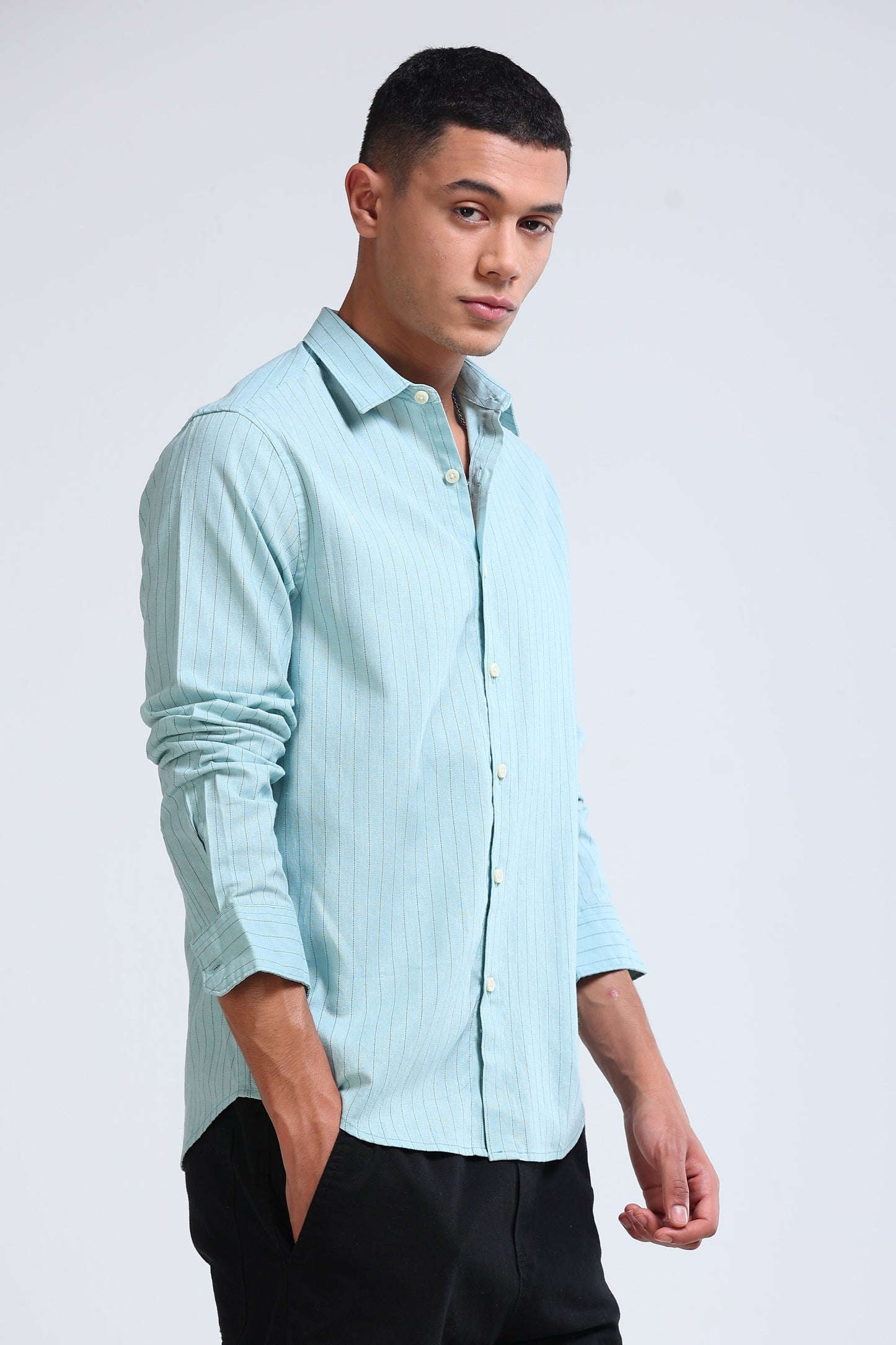 Men's Slim Fit Cotton Linen Striped Shirt Dusty Blue