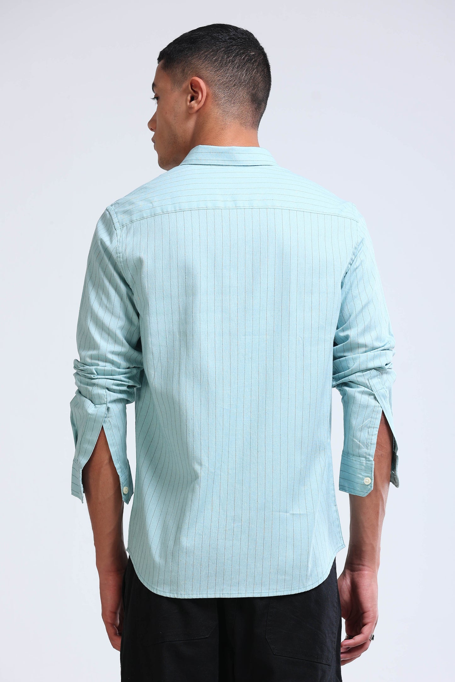Men's Slim Fit Cotton Linen Striped Shirt Dusty Blue