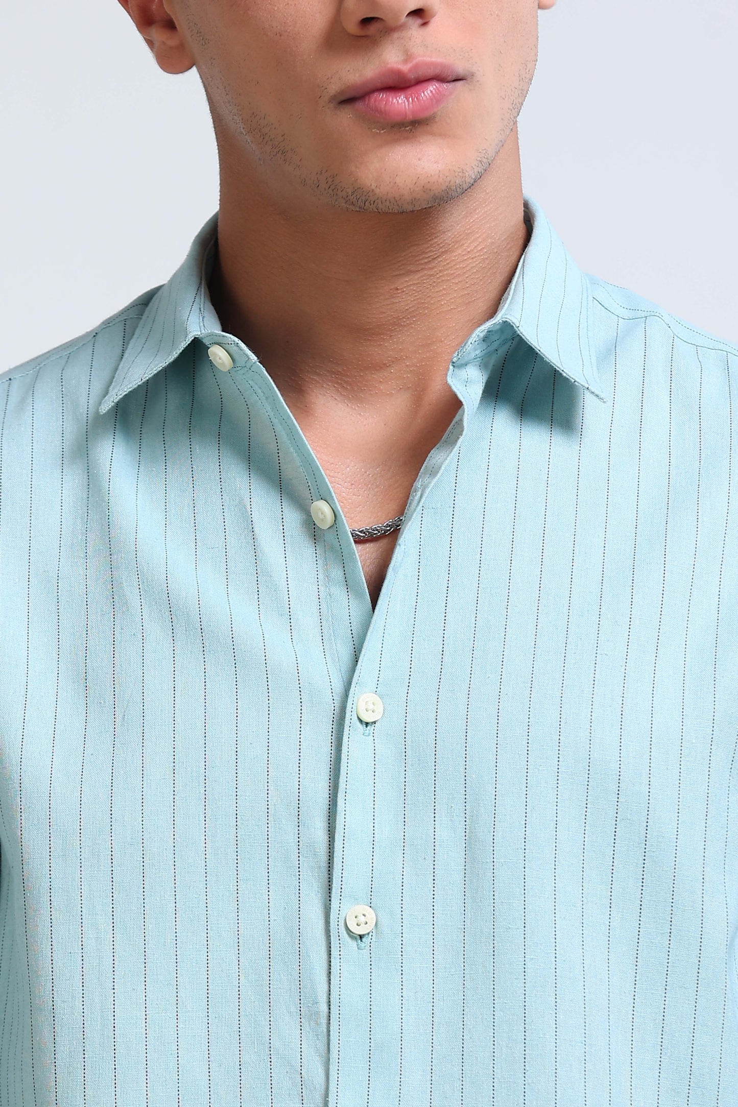 Men's Slim Fit Cotton Linen Striped Shirt Dusty Blue