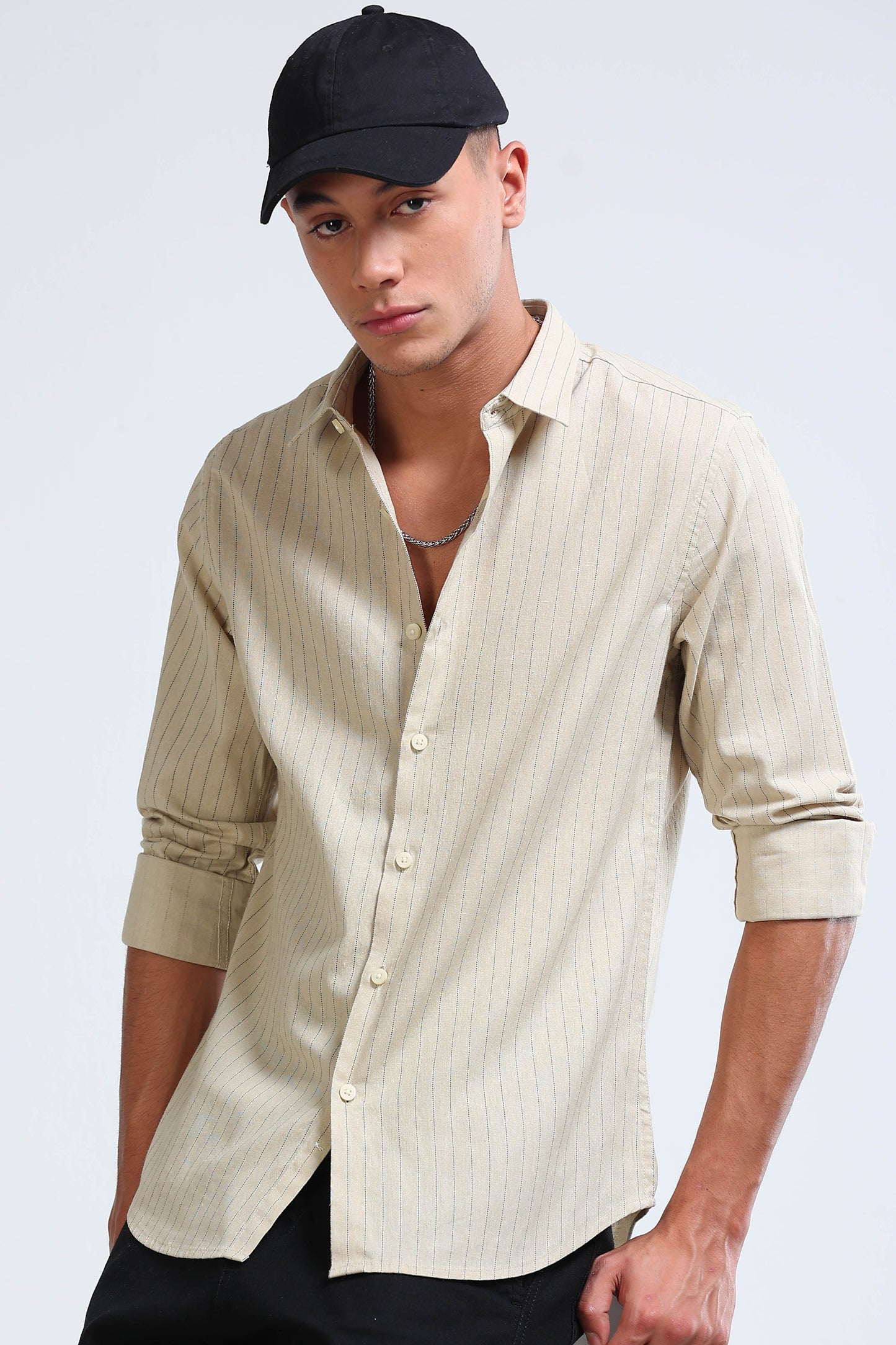 Men's Slim Fit Cotton Linen Striped Shirt Beige