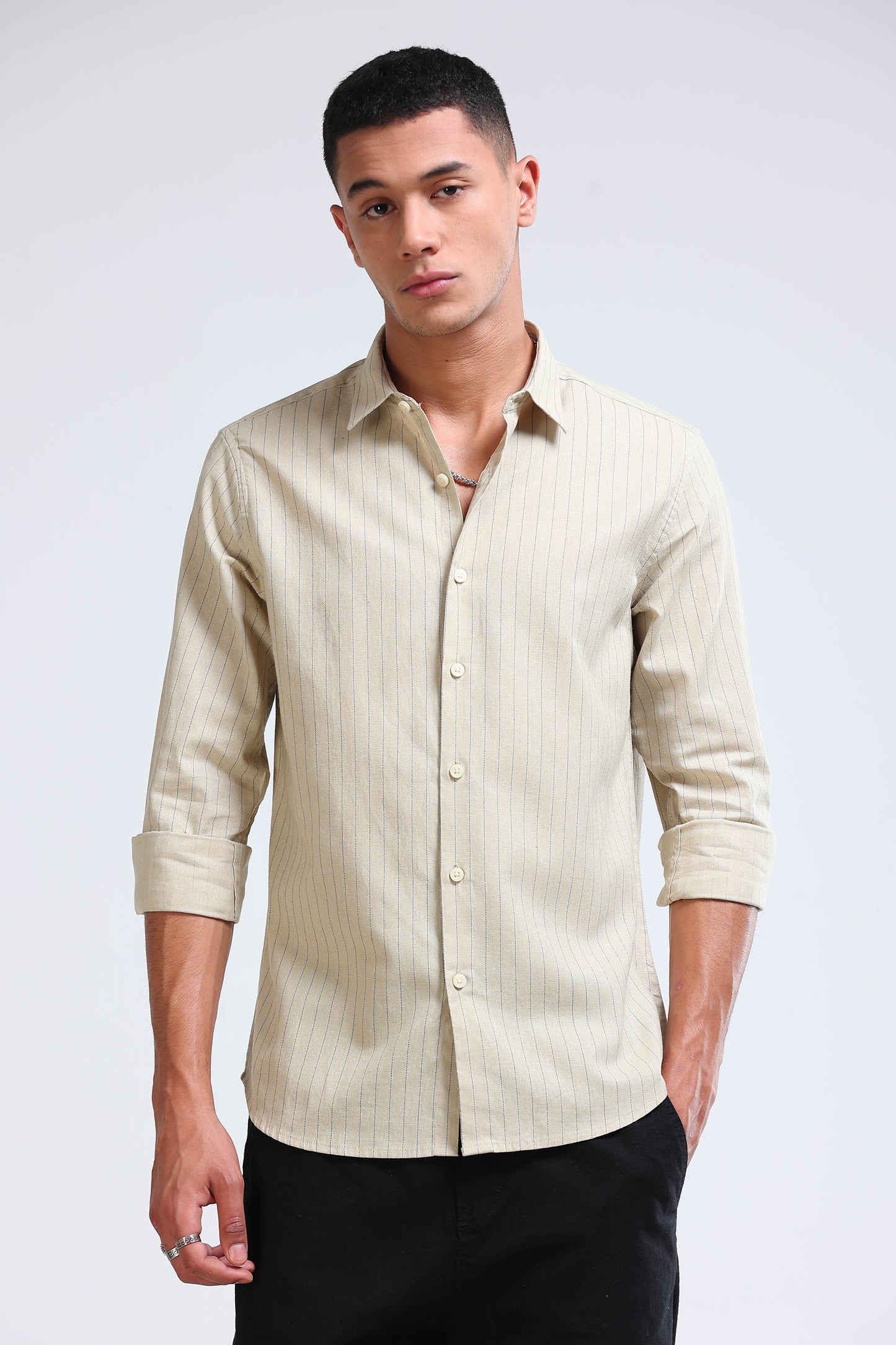 Men's Slim Fit Cotton Linen Striped Shirt Beige
