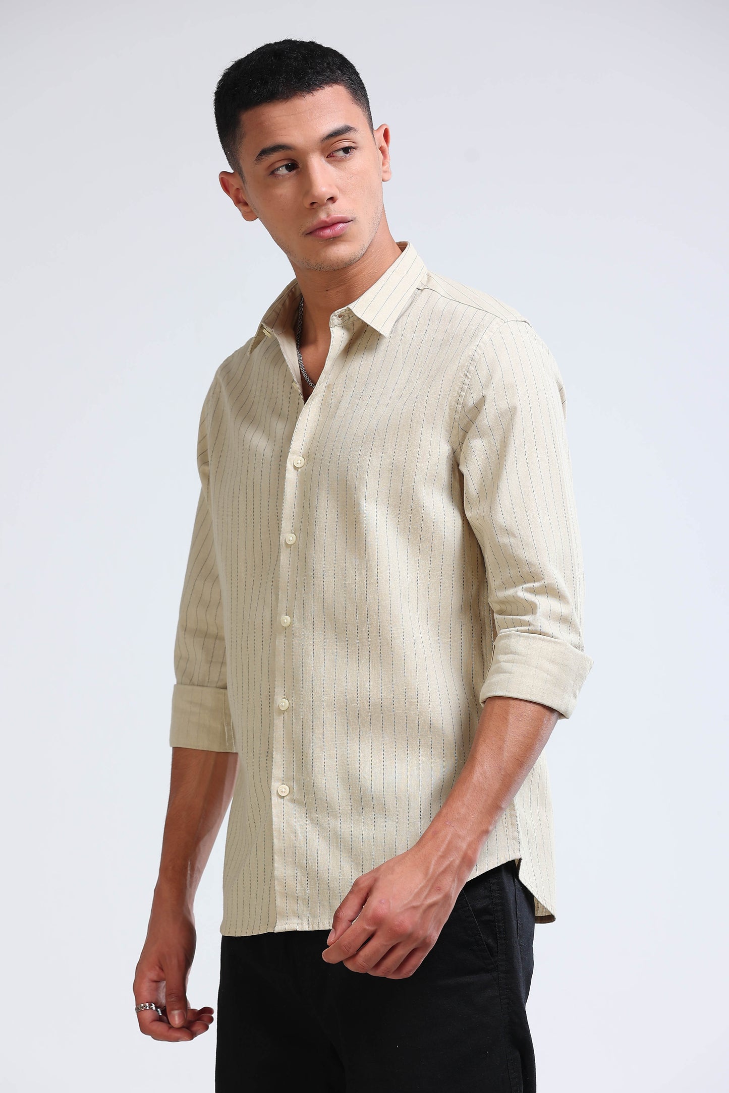 Men's Slim Fit Cotton Linen Striped Shirt Beige