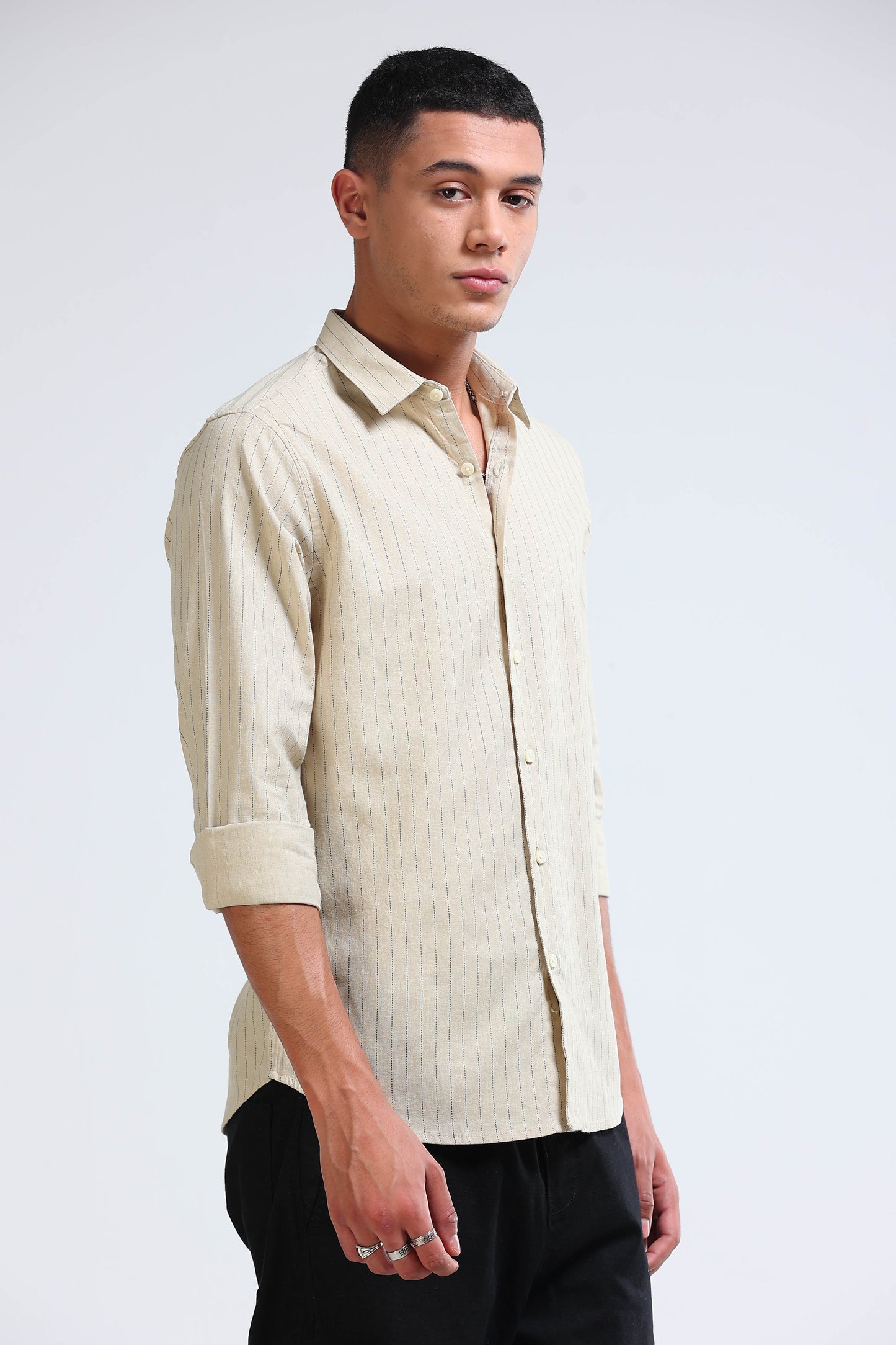 Men's Slim Fit Cotton Linen Striped Shirt Beige