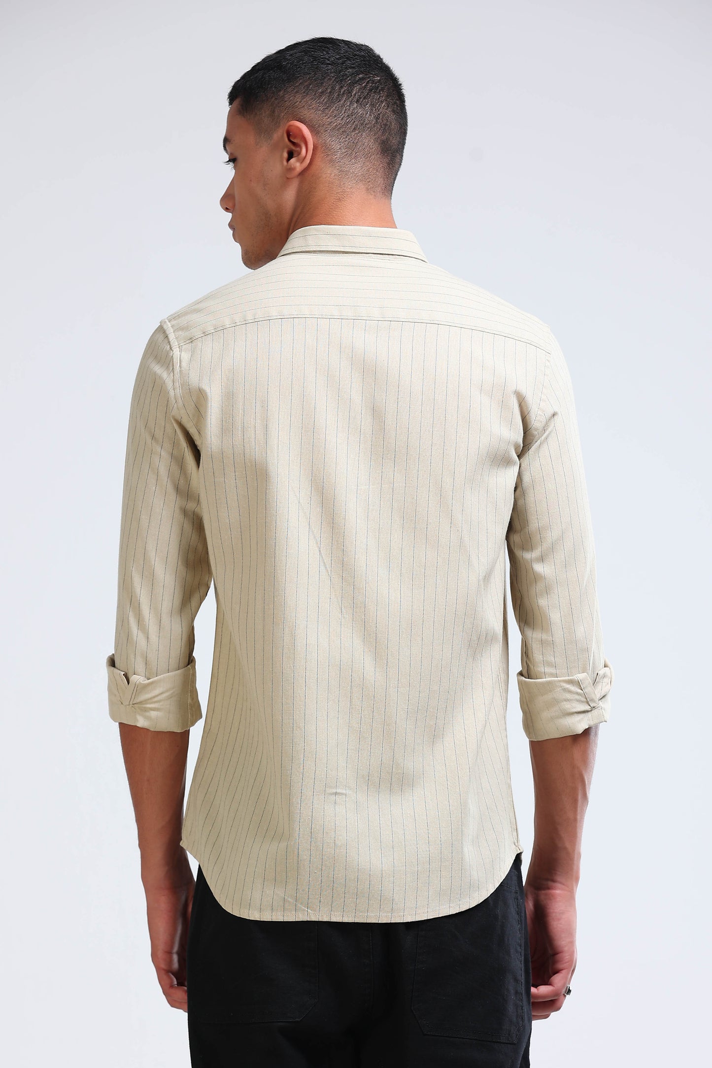 Men's Slim Fit Cotton Linen Striped Shirt Beige