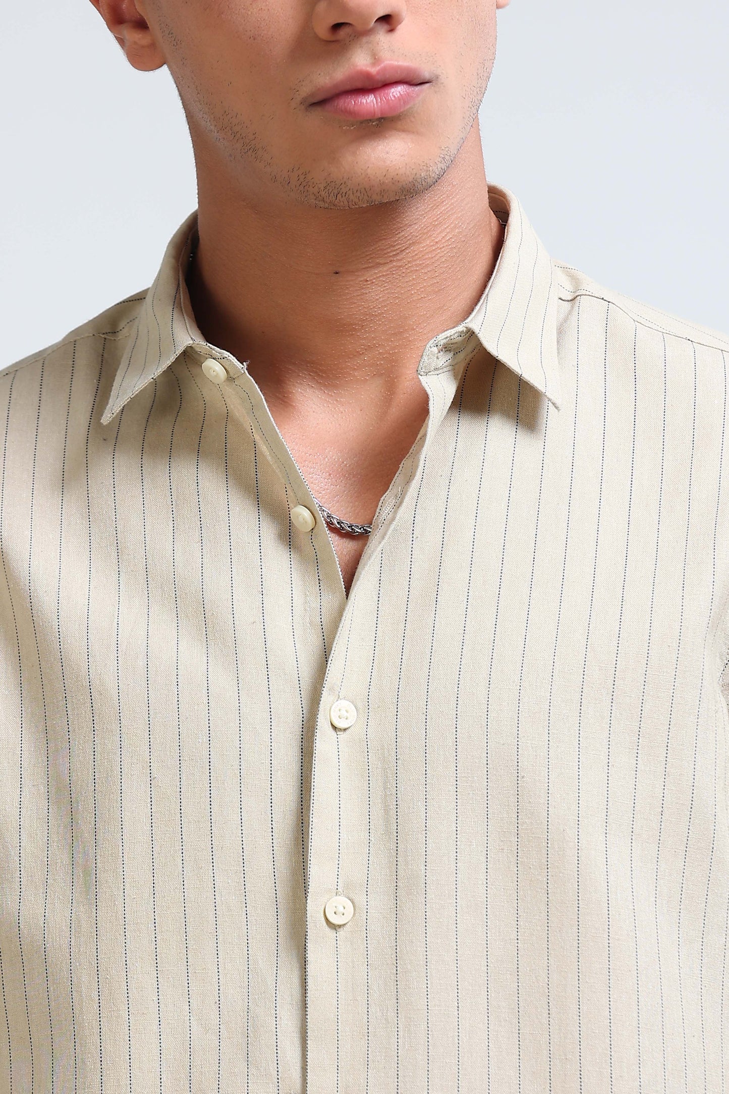 Men's Slim Fit Cotton Linen Striped Shirt Beige