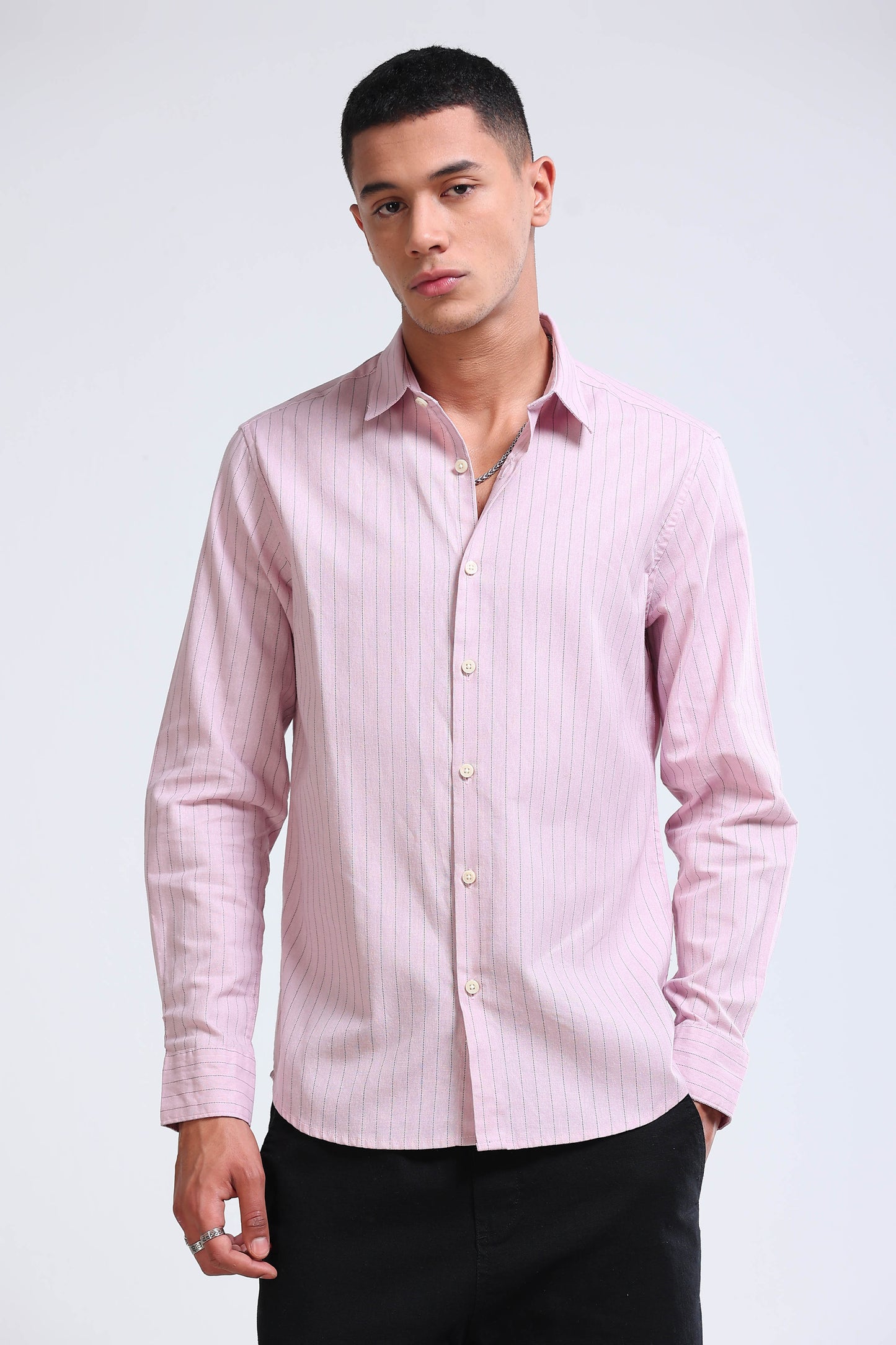 Men's Slim Fit Cotton Linen Striped Shirt Pink