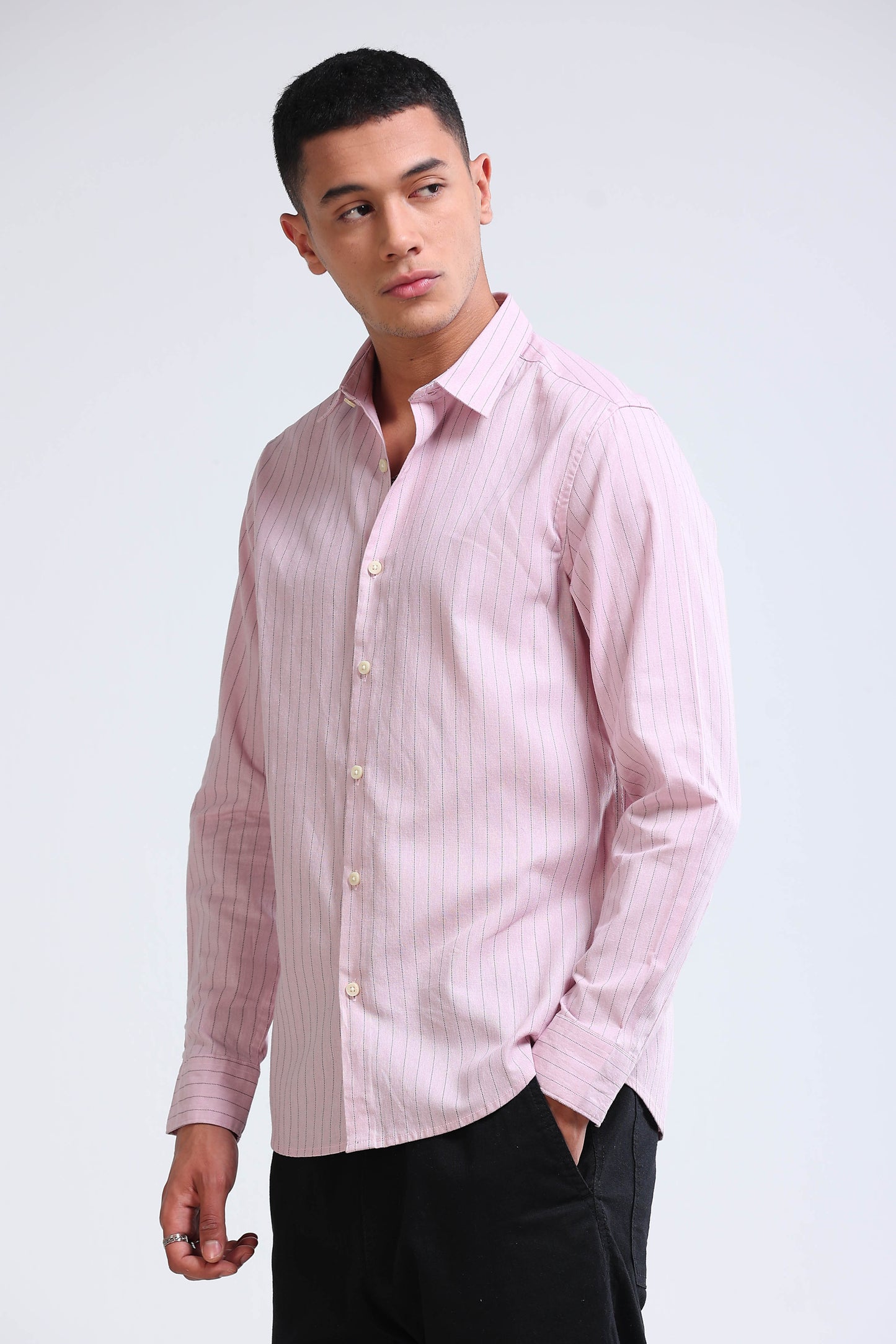 Men's Slim Fit Cotton Linen Striped Shirt Pink