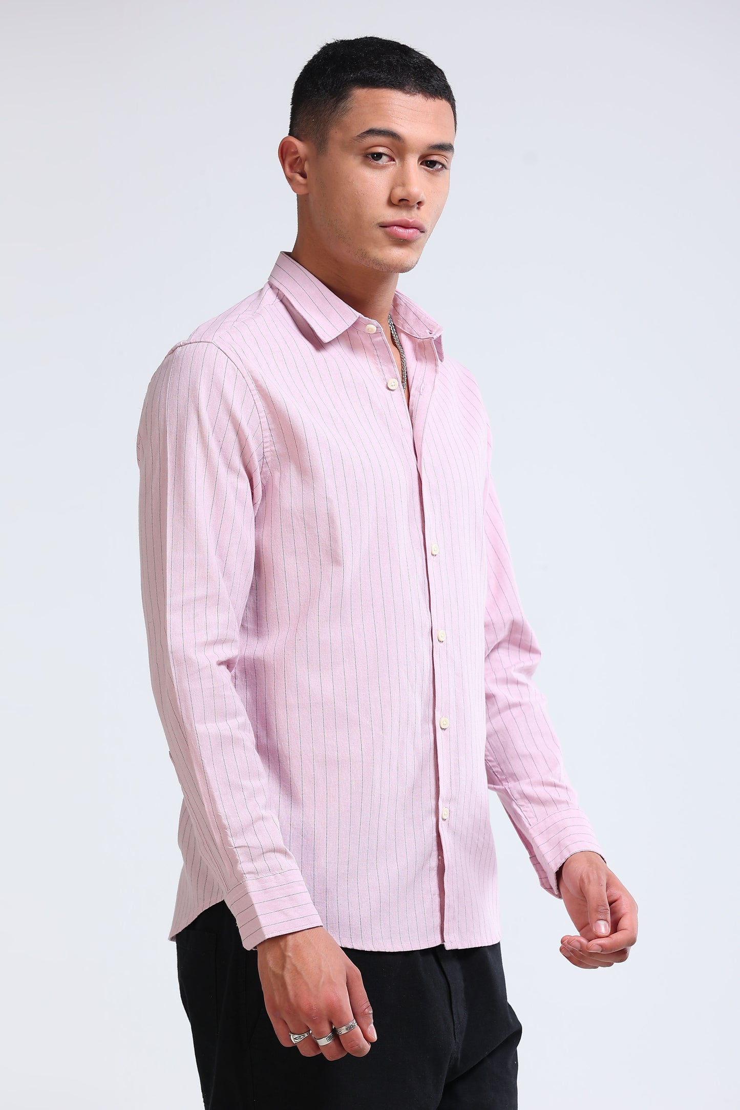 Men's Slim Fit Cotton Linen Striped Shirt Pink