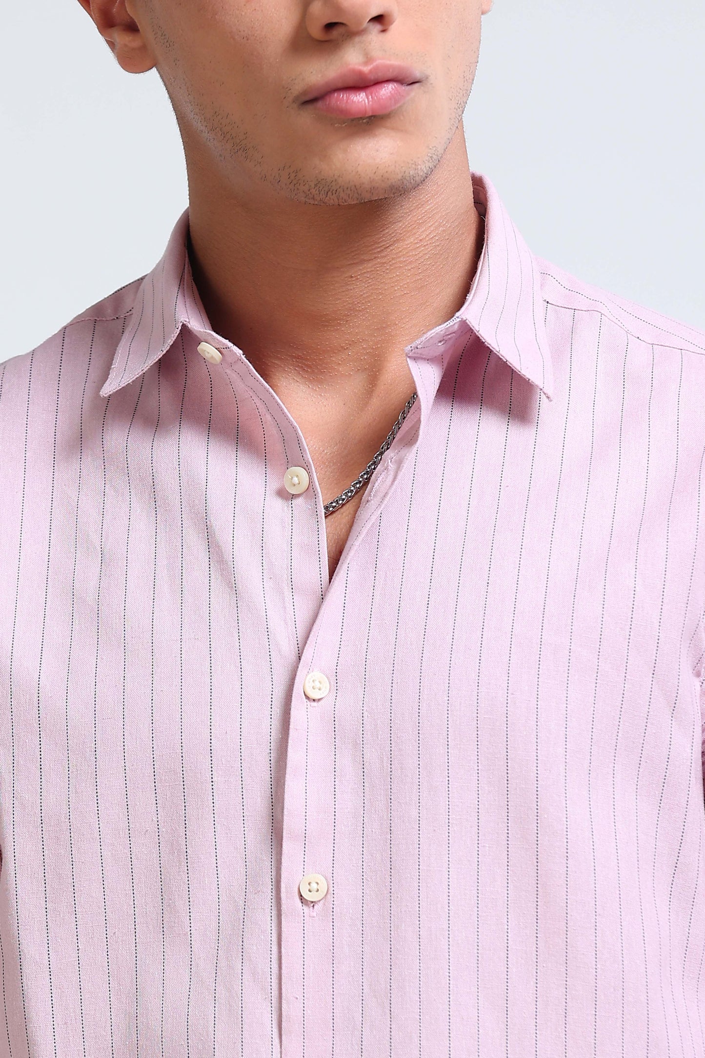 Men's Slim Fit Cotton Linen Striped Shirt Pink