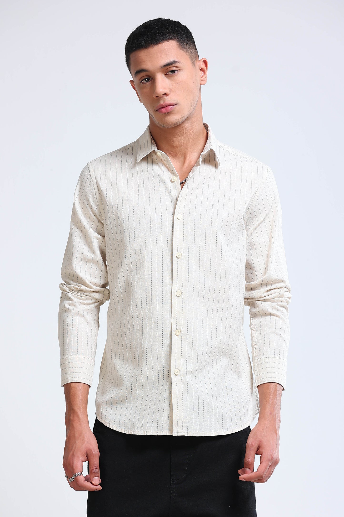 Men's Slim Fit Cotton Linen Striped Shirt Cream