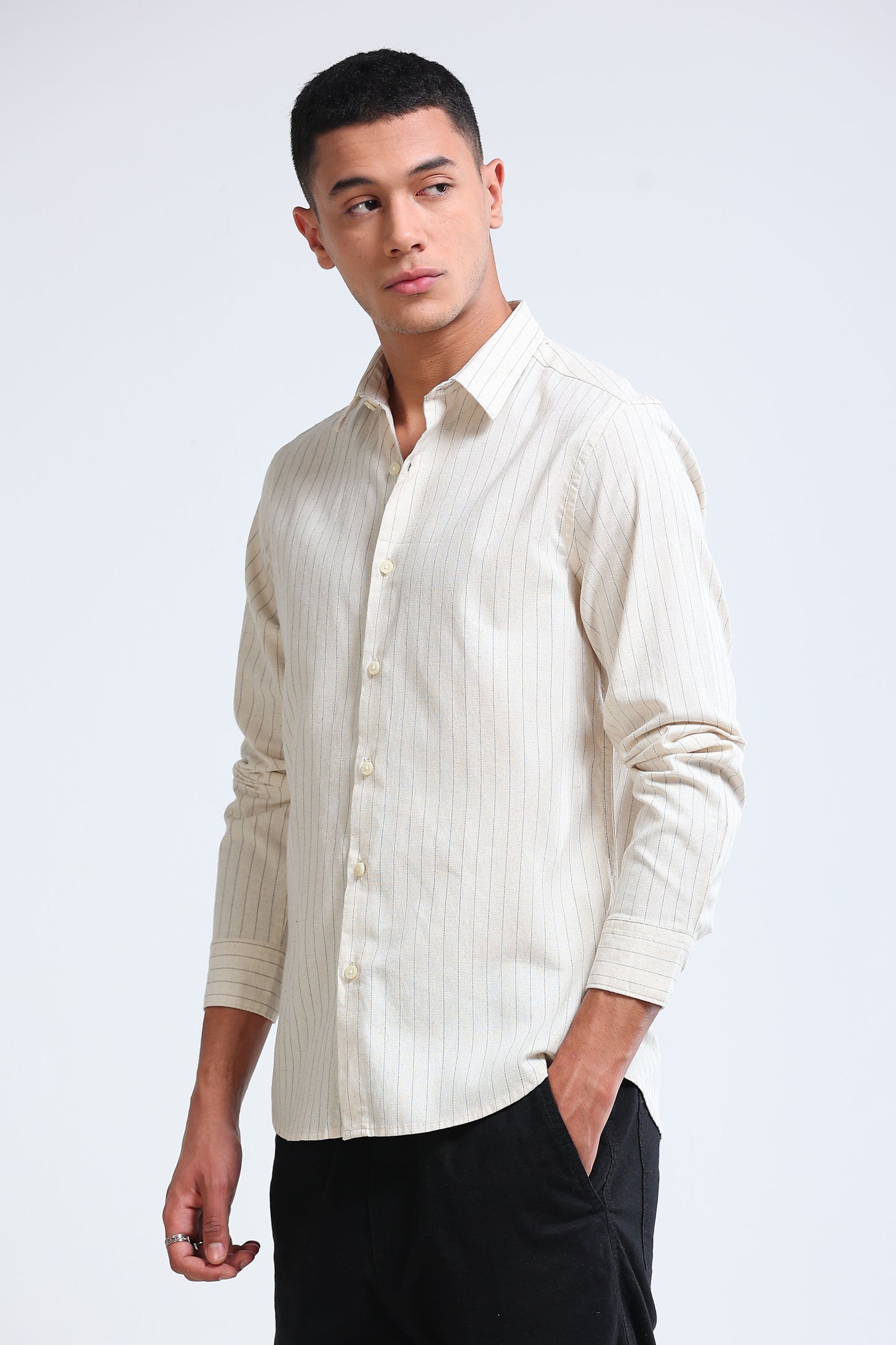 Men's Slim Fit Cotton Linen Striped Shirt Cream