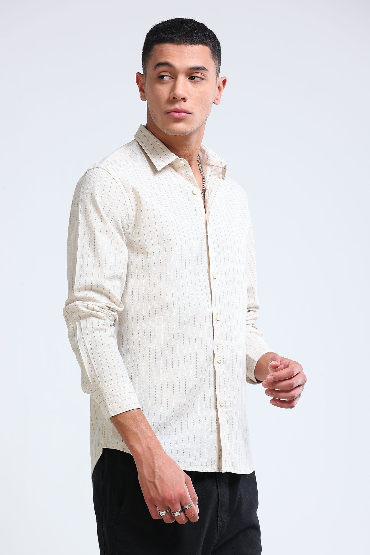 Men's Slim Fit Cotton Linen Striped Shirt Cream