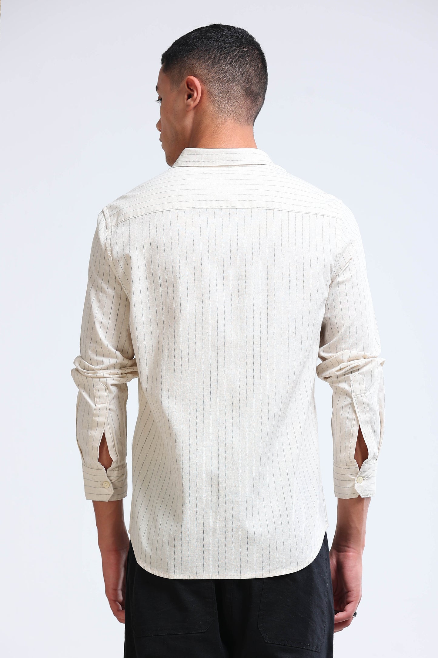 Men's Slim Fit Cotton Linen Striped Shirt Cream