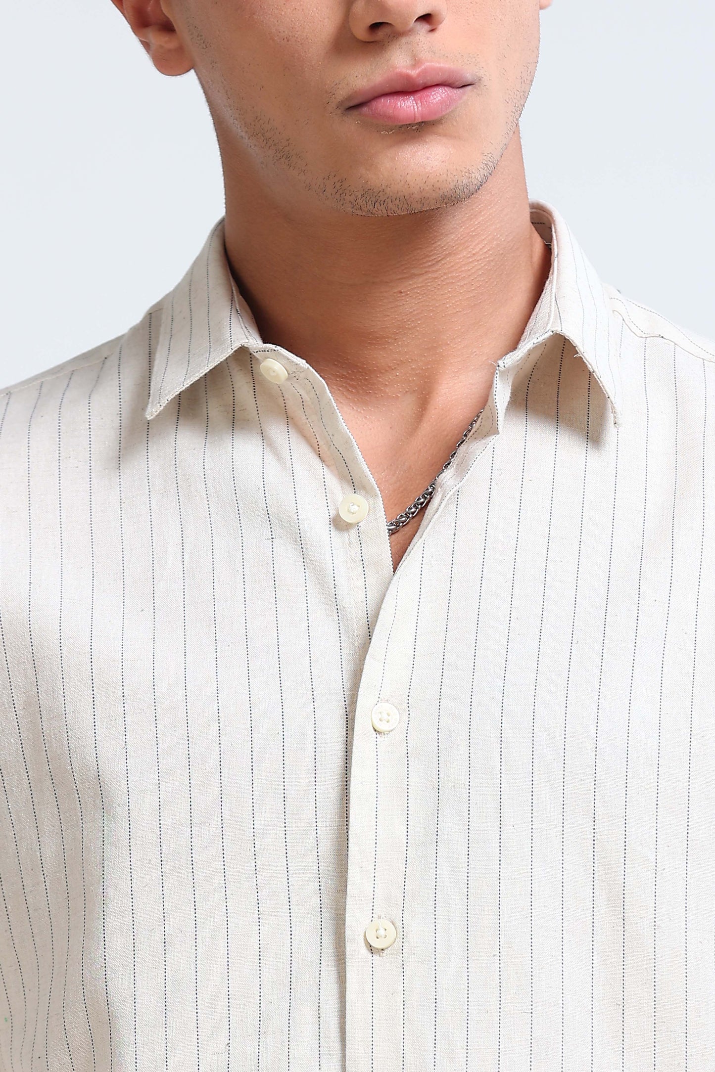 Men's Slim Fit Cotton Linen Striped Shirt Cream
