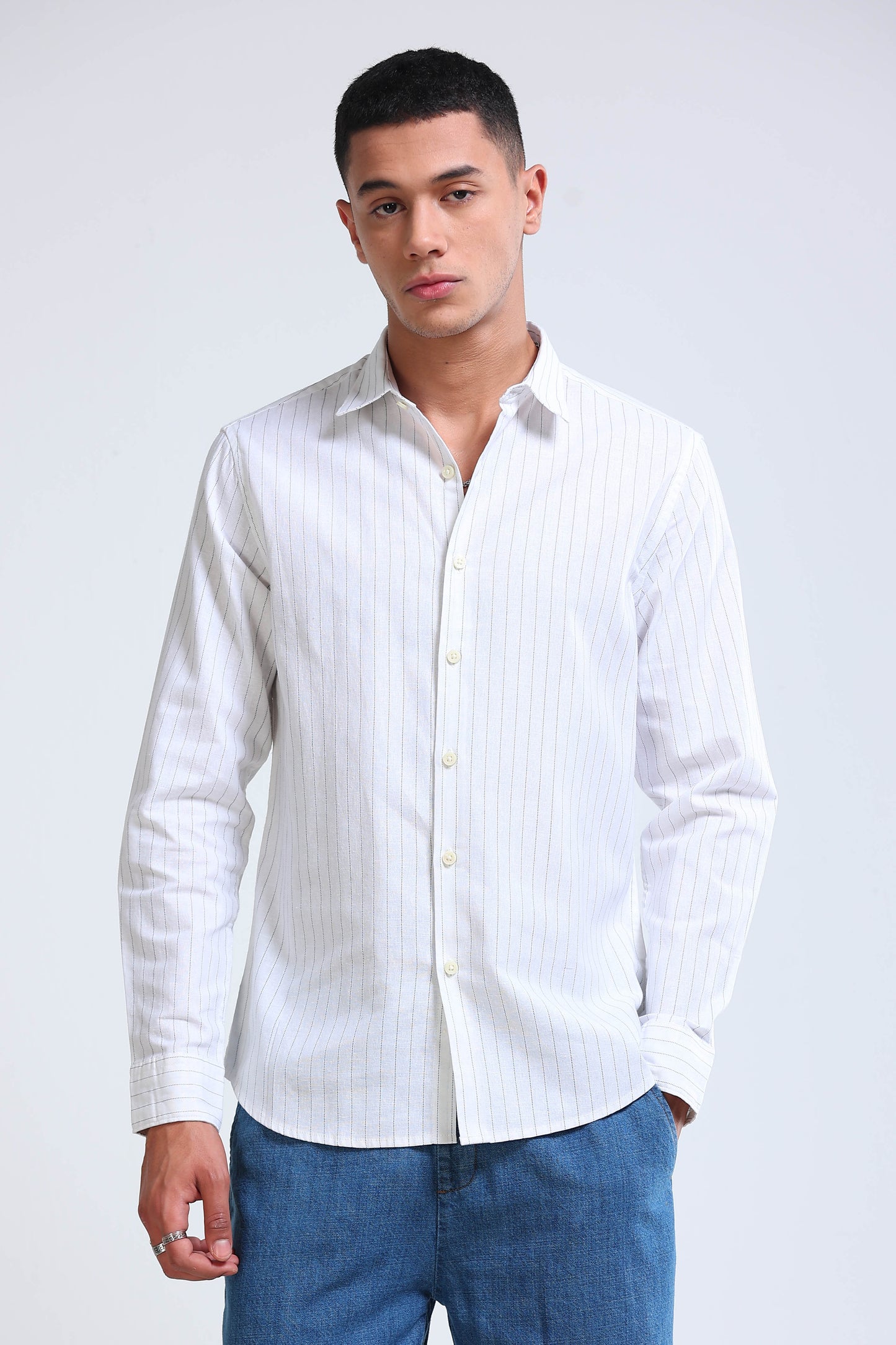Men's Slim Fit Cotton Linen Striped Shirt White
