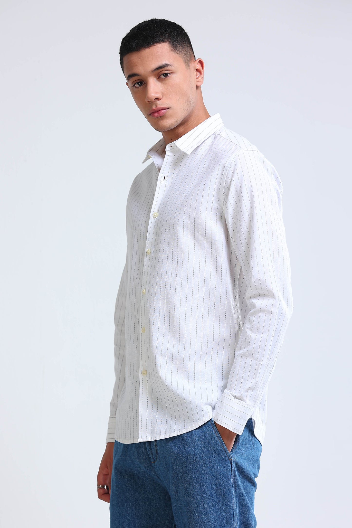 Men's Slim Fit Cotton Linen Striped Shirt White