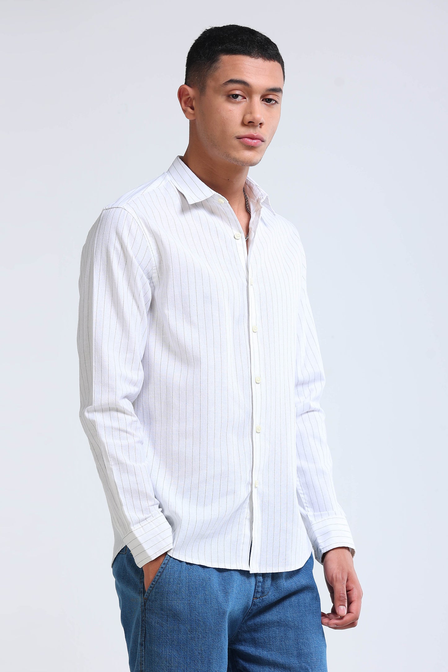 Men's Slim Fit Cotton Linen Striped Shirt White