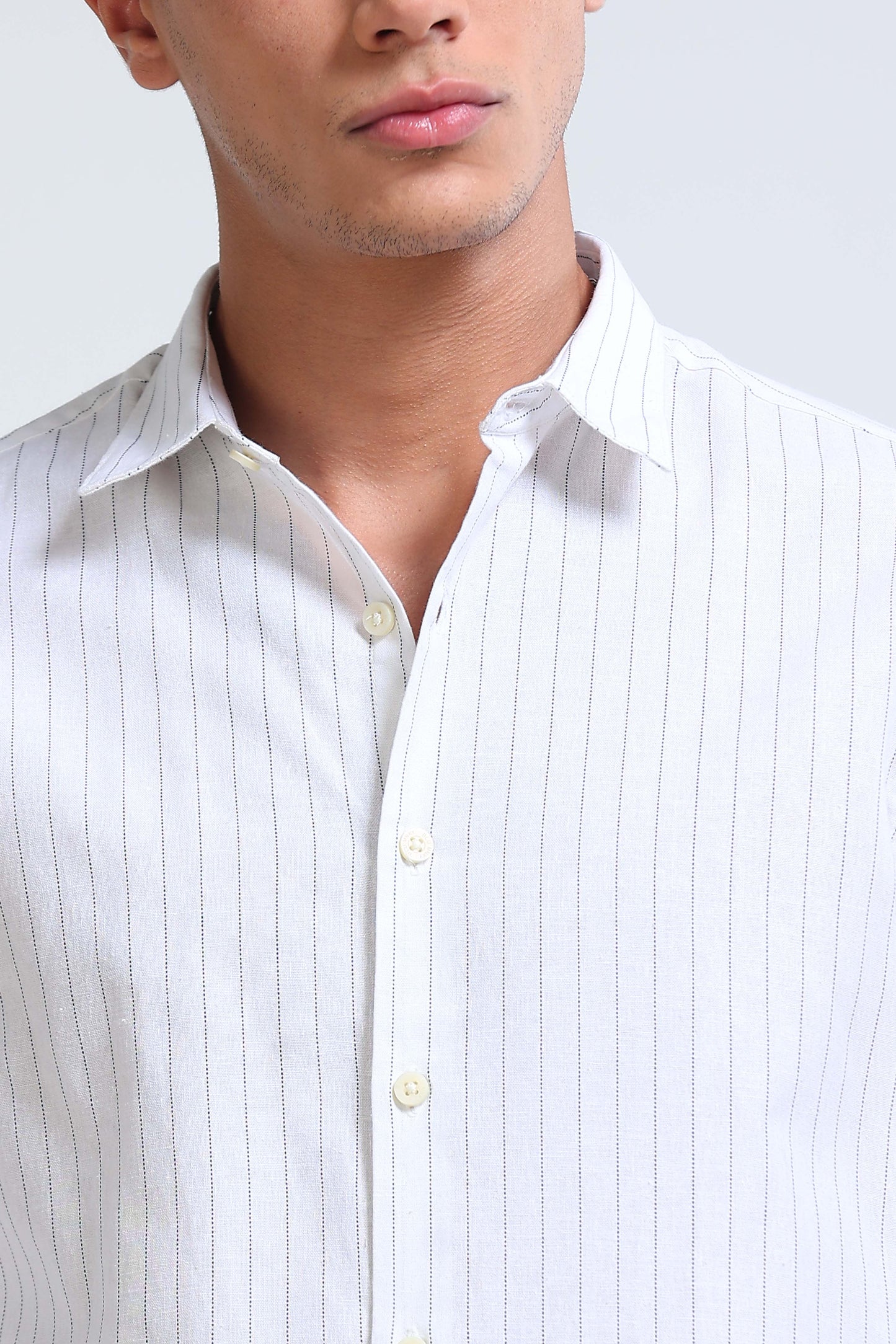 Men's Slim Fit Cotton Linen Striped Shirt White