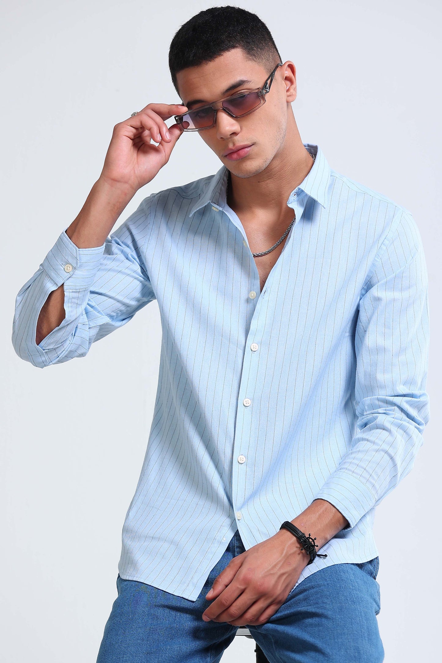 Men's Slim Fit Cotton Linen Striped Shirt Blue