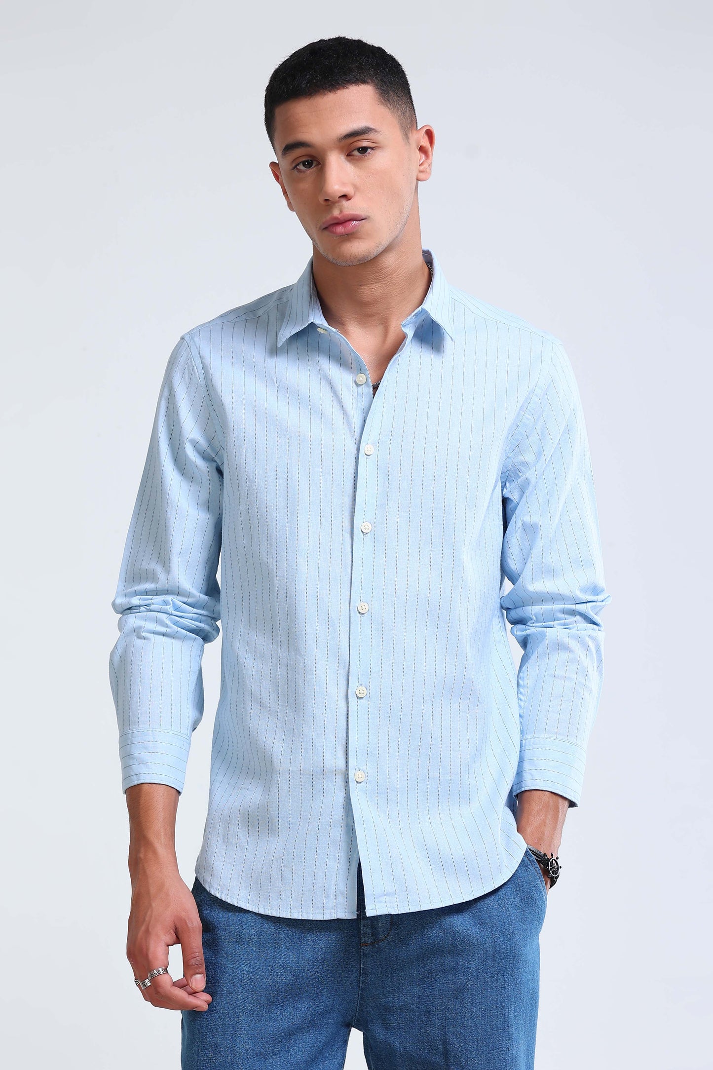 Men's Slim Fit Cotton Linen Striped Shirt Blue