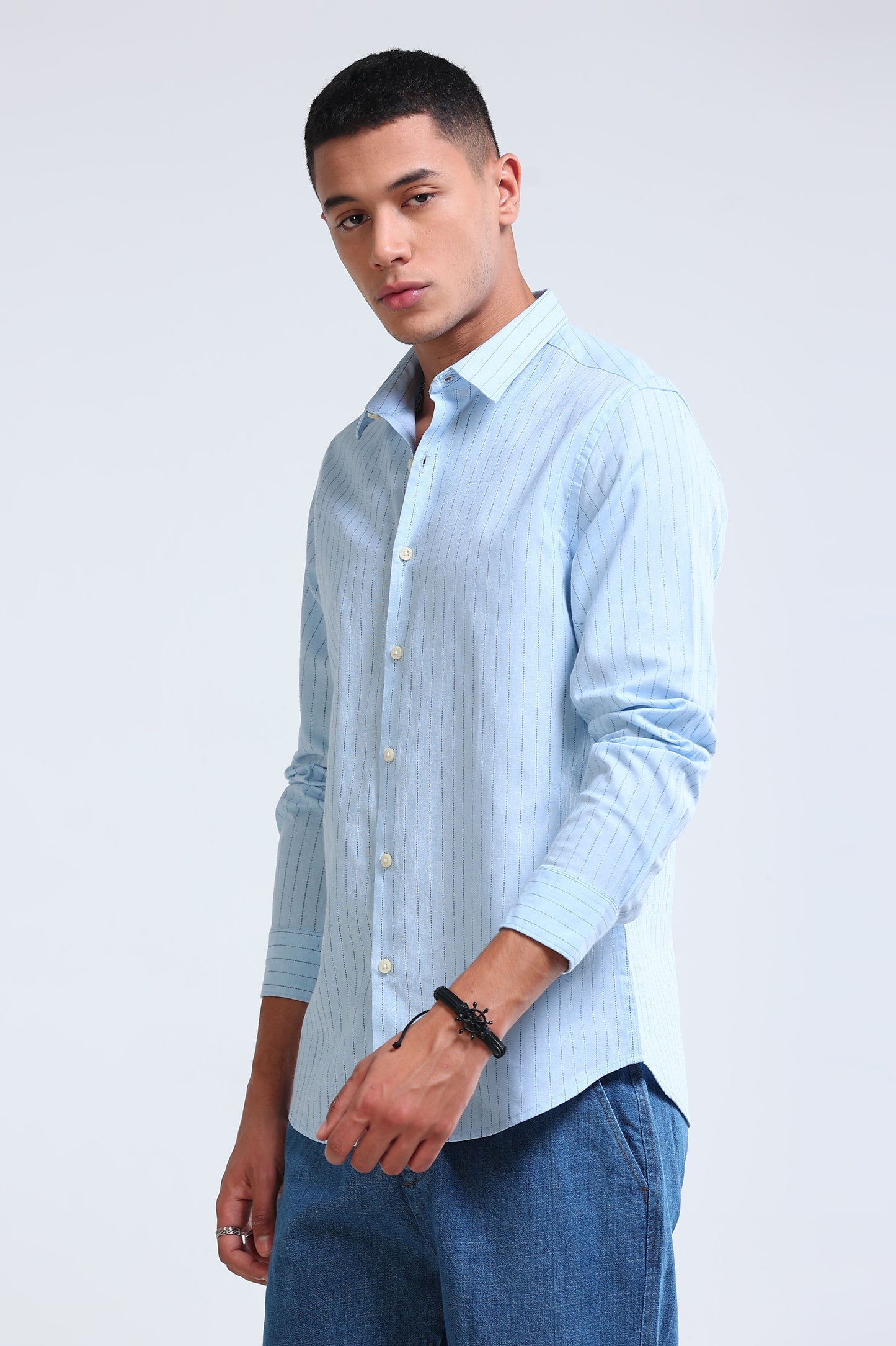 Men's Slim Fit Cotton Linen Striped Shirt Blue