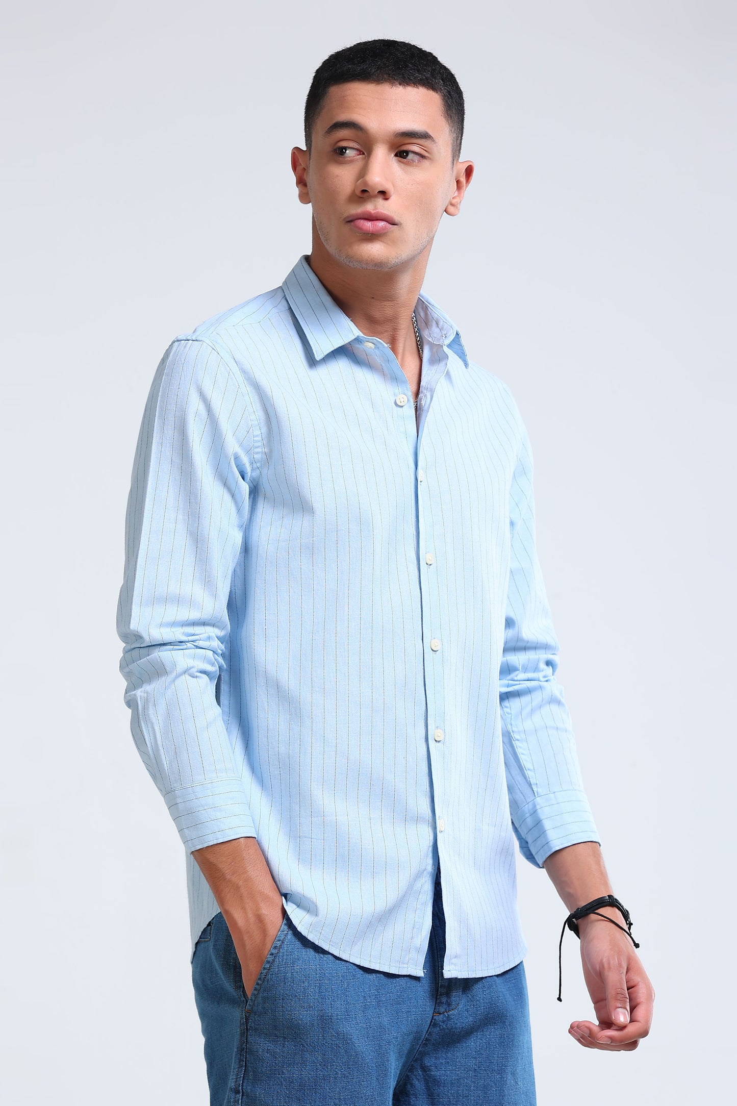 Men's Slim Fit Cotton Linen Striped Shirt Blue