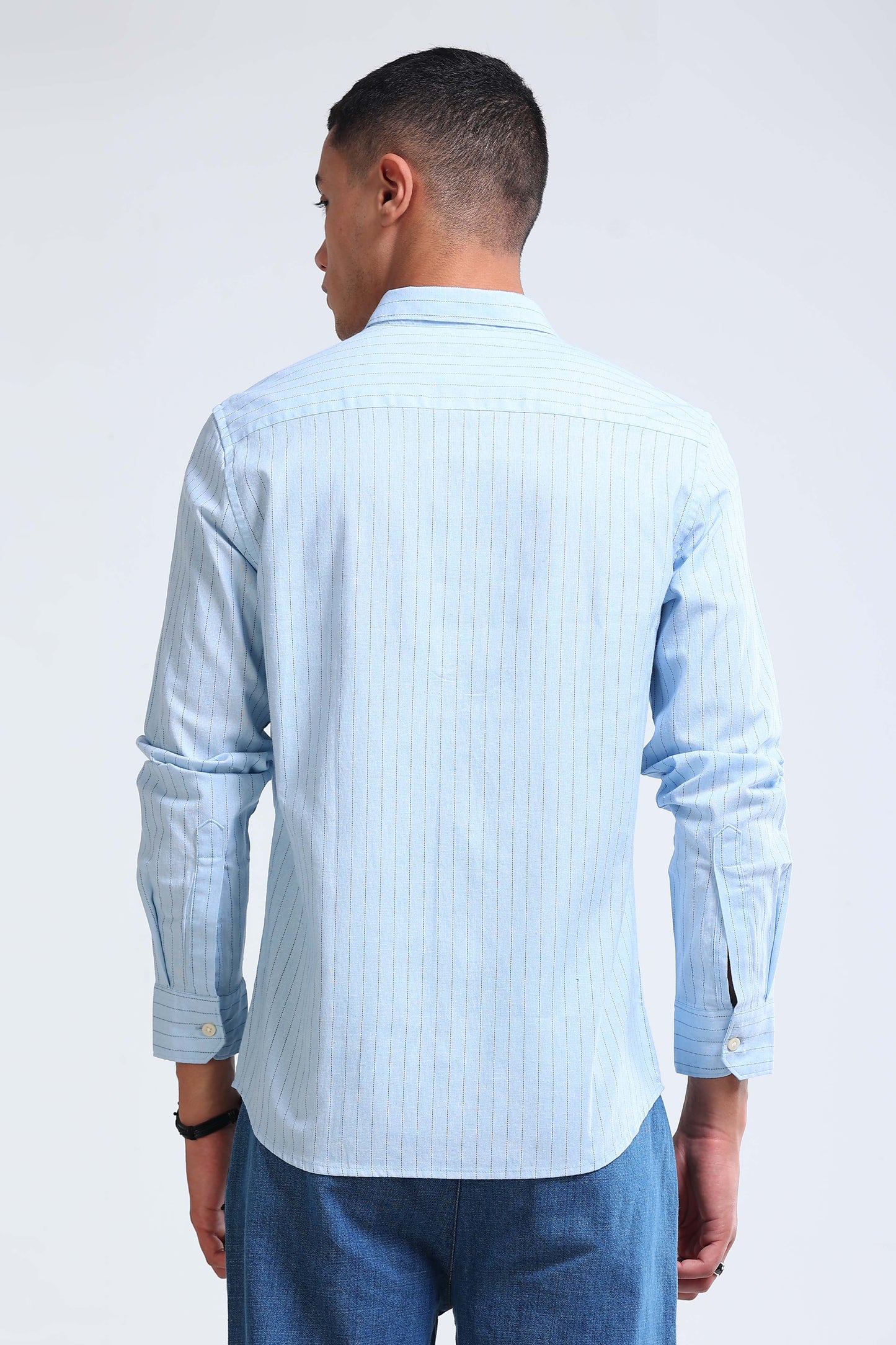 Men's Slim Fit Cotton Linen Striped Shirt Blue