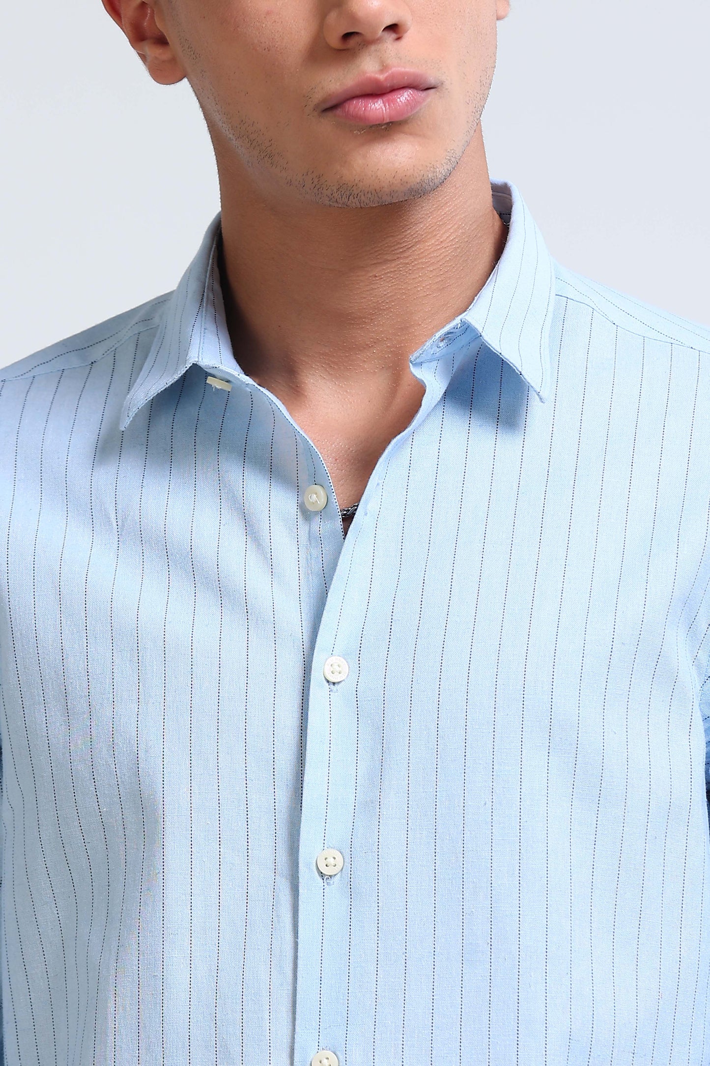 Men's Slim Fit Cotton Linen Striped Shirt Blue