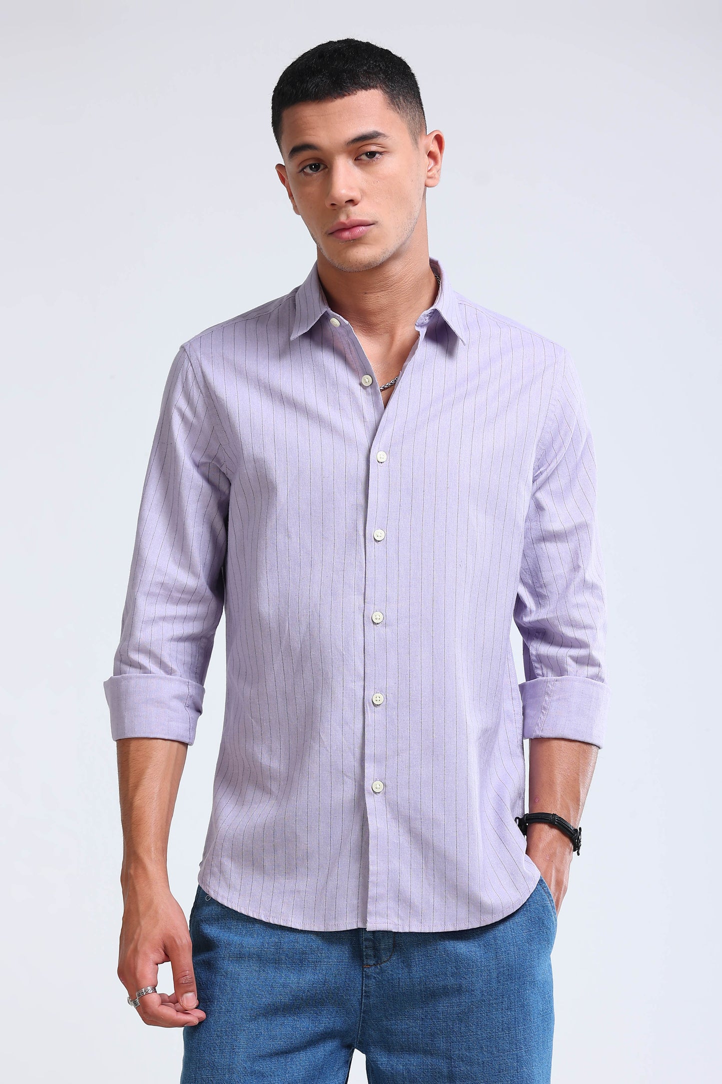 Men's Slim Fit Cotton Linen Striped Shirt Lavender