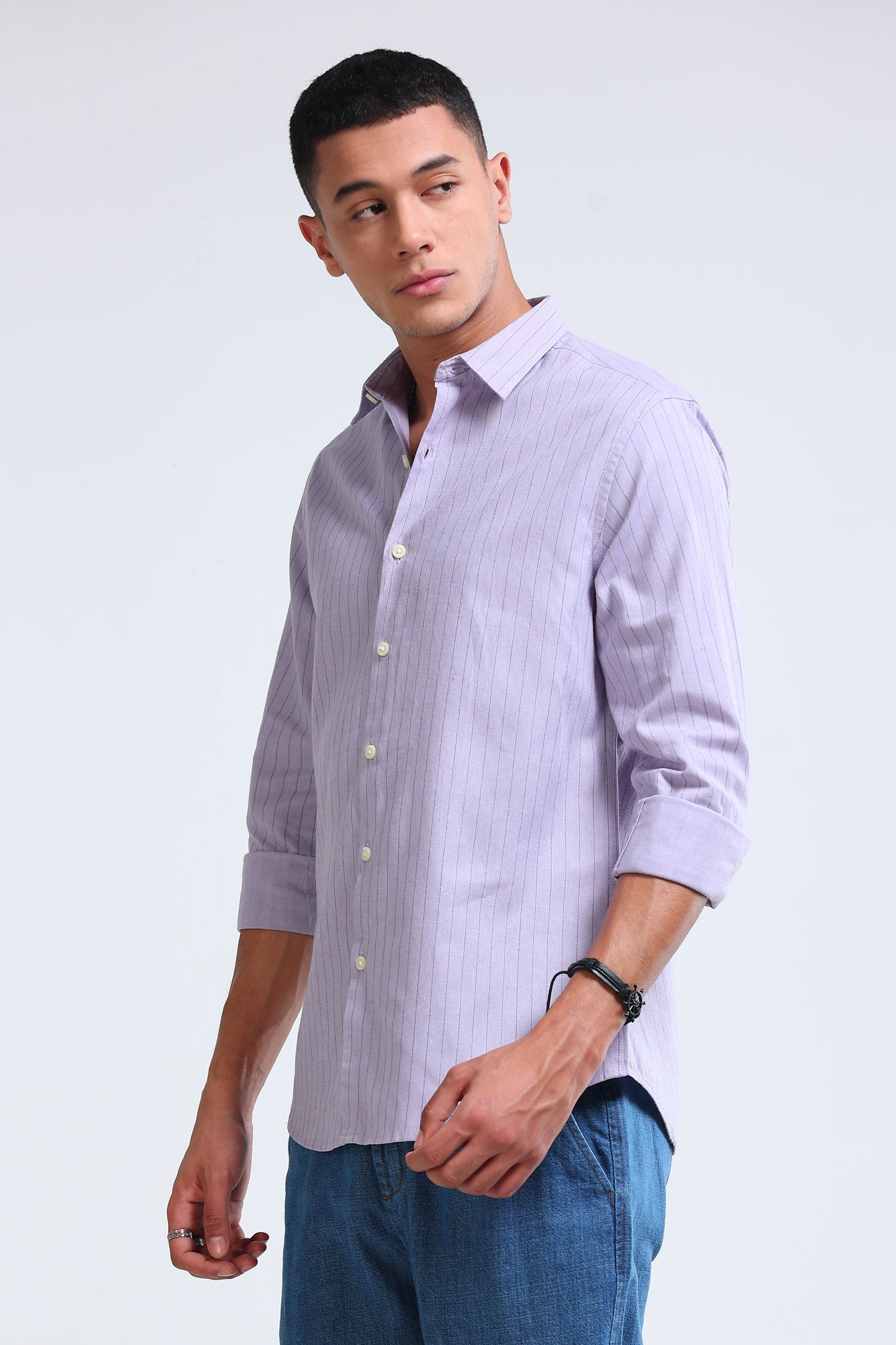 Men's Slim Fit Cotton Linen Striped Shirt Lavender